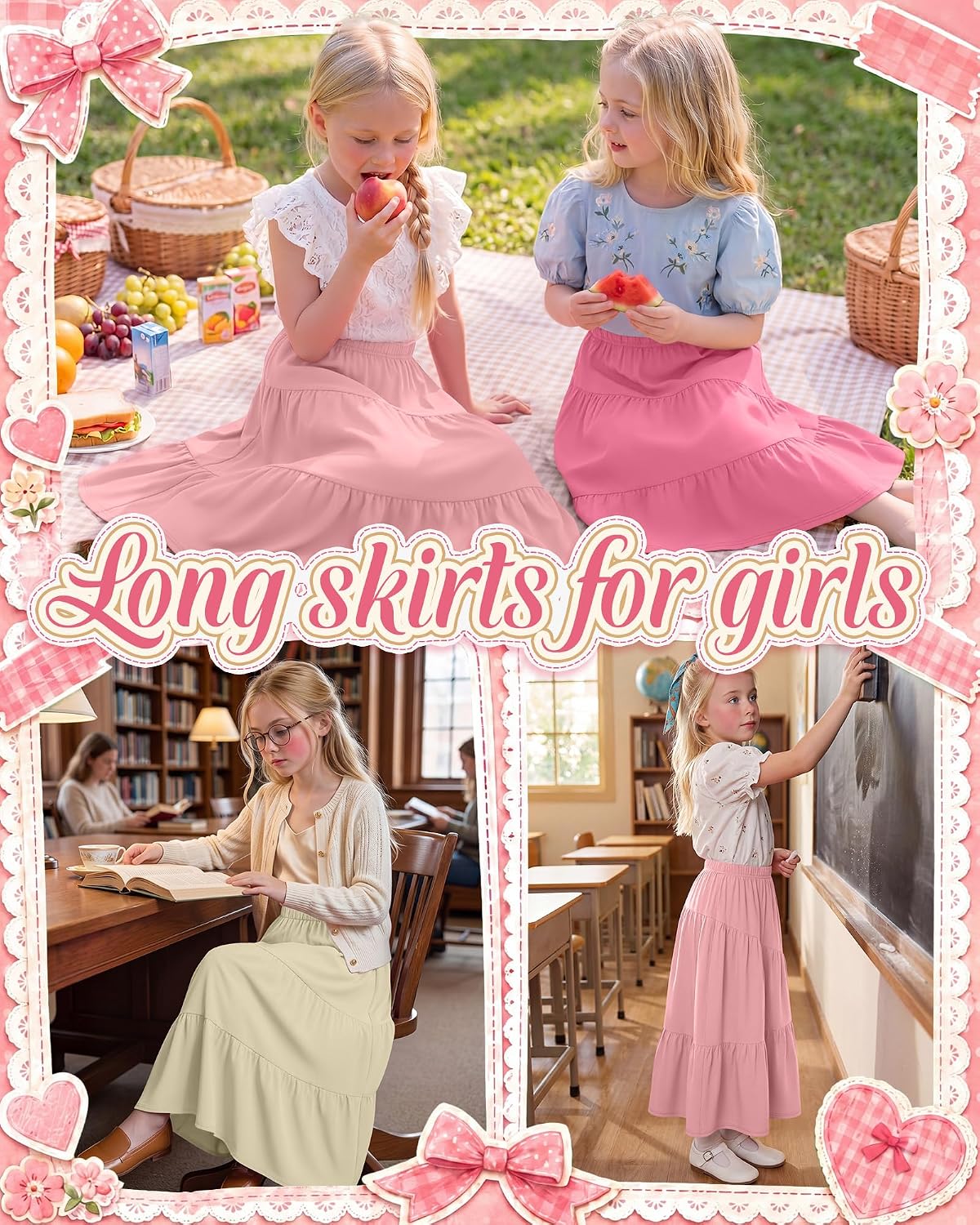 3 Pack Girls' Maxi Tiered Skirts with Pockets 5-16 Years Long Casual Flowy Swing Elastic Waist Ruffle Summer Skirts