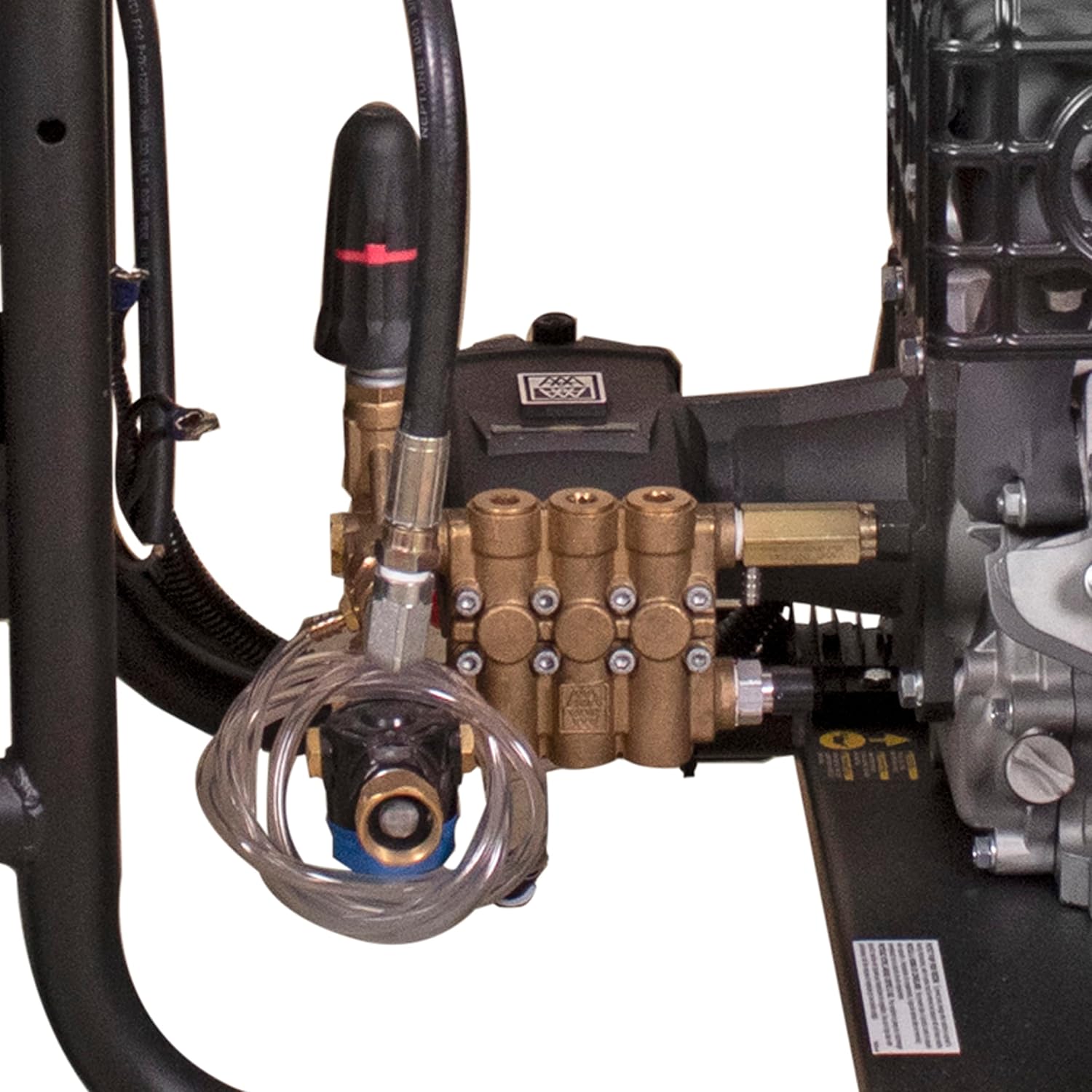 Close-up of the AAA industrial triplex plunger pump on the Simpson King Brute pressure washer.