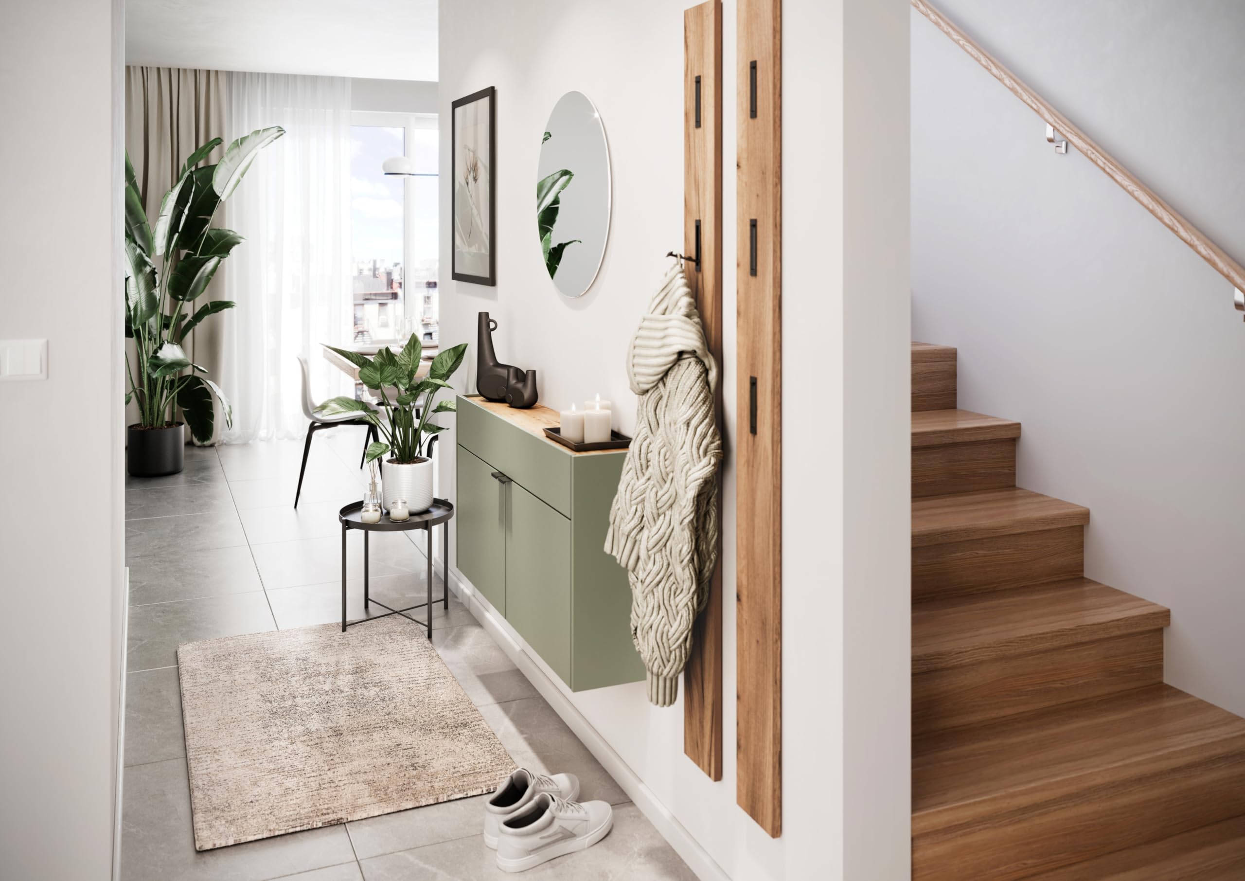 Germania Armoire à Chaussures 1398-629 GW-Ameca, en Coloris Vert Taupe/chêne, Profondeur Faible, Optimale dans Les Couloirs Étroits, 110 x 57 x 22 cm (l x h x p)