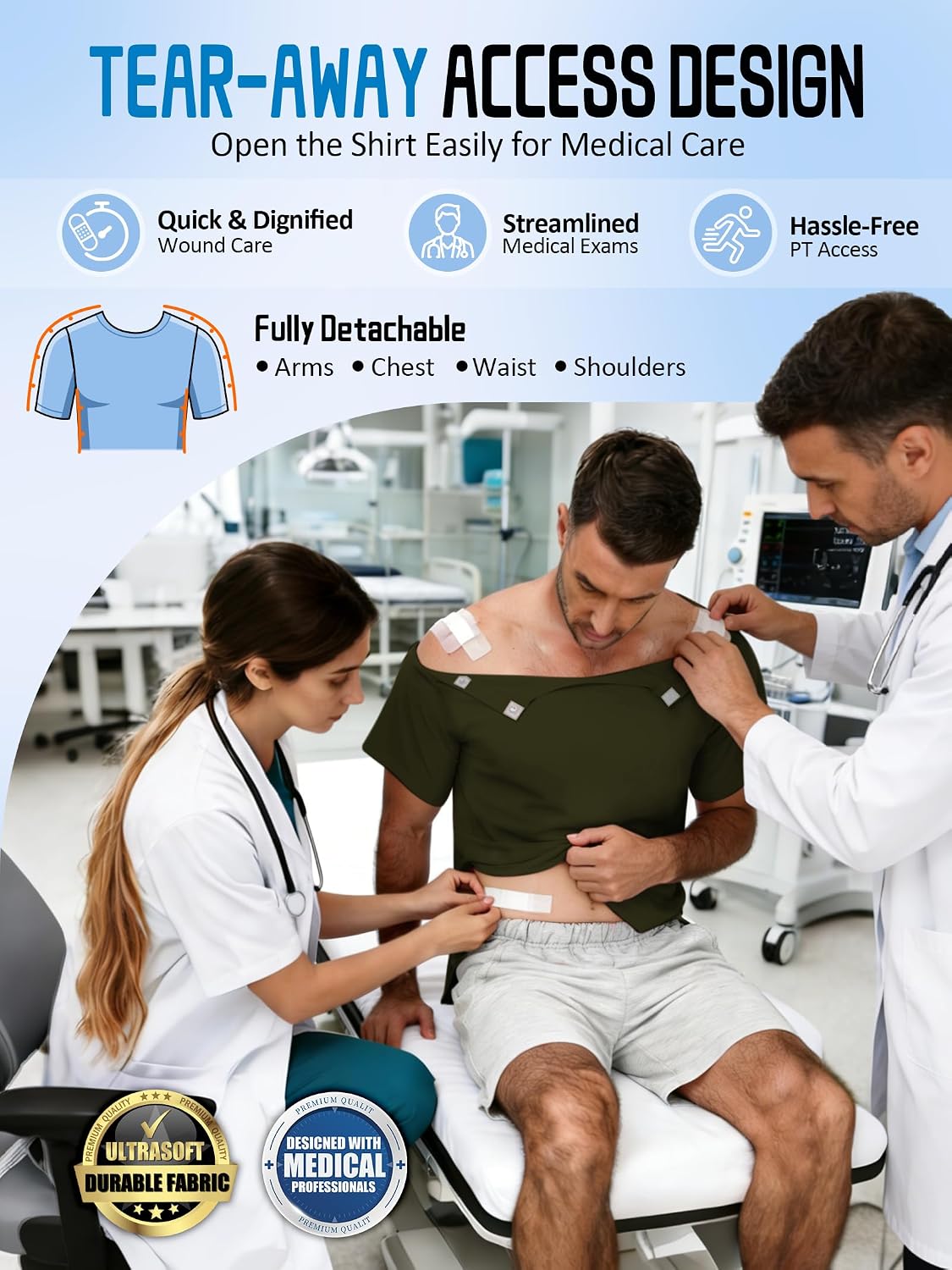 Magnetic Closure Shoulder Surgery Shirts Men Women Easy One-Handed Dressing Tear Away Recovery Shirts IV Access Dialysis