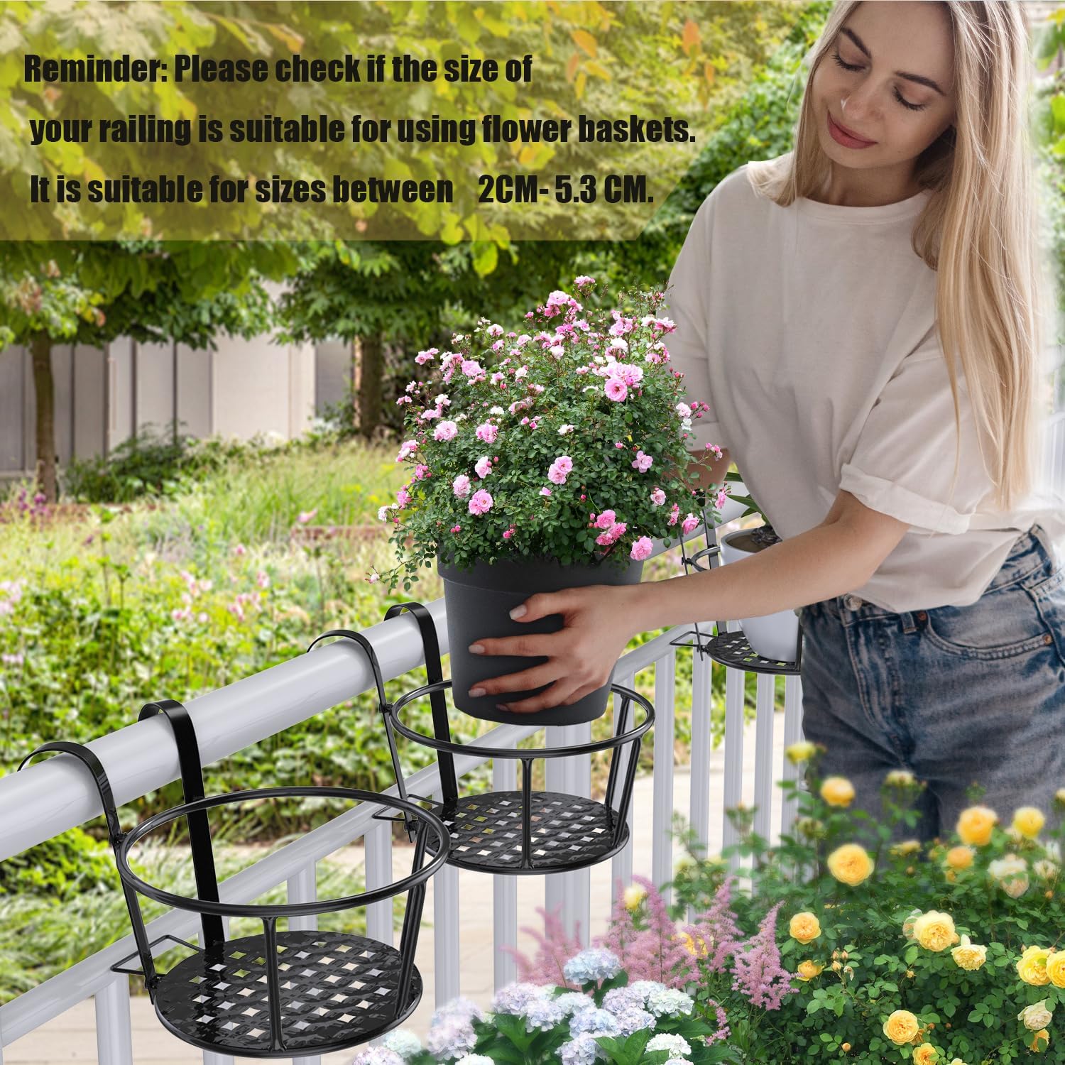 3 PCS Railing Hanging Planter Holders, Suitable for Railings from 1" to 2.08". Round Balcony Metal Flower Pot Stand with Base, Easy for Hanging and Moving.