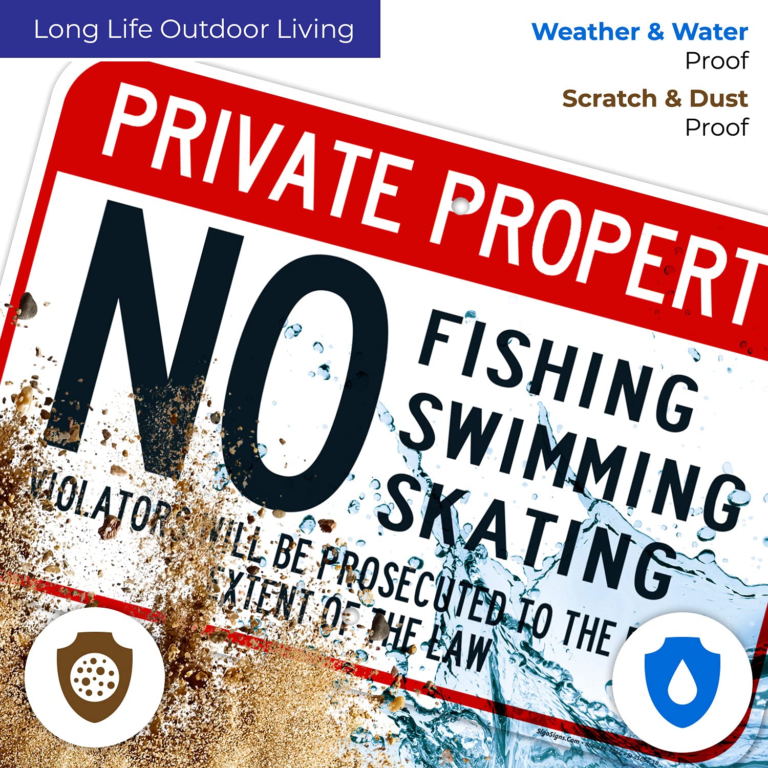 Private Property, No Fishing Swimming Skating Sign, 12x18 Inches, Rust Free .063 Aluminum, Fade Resistant, Made in USA