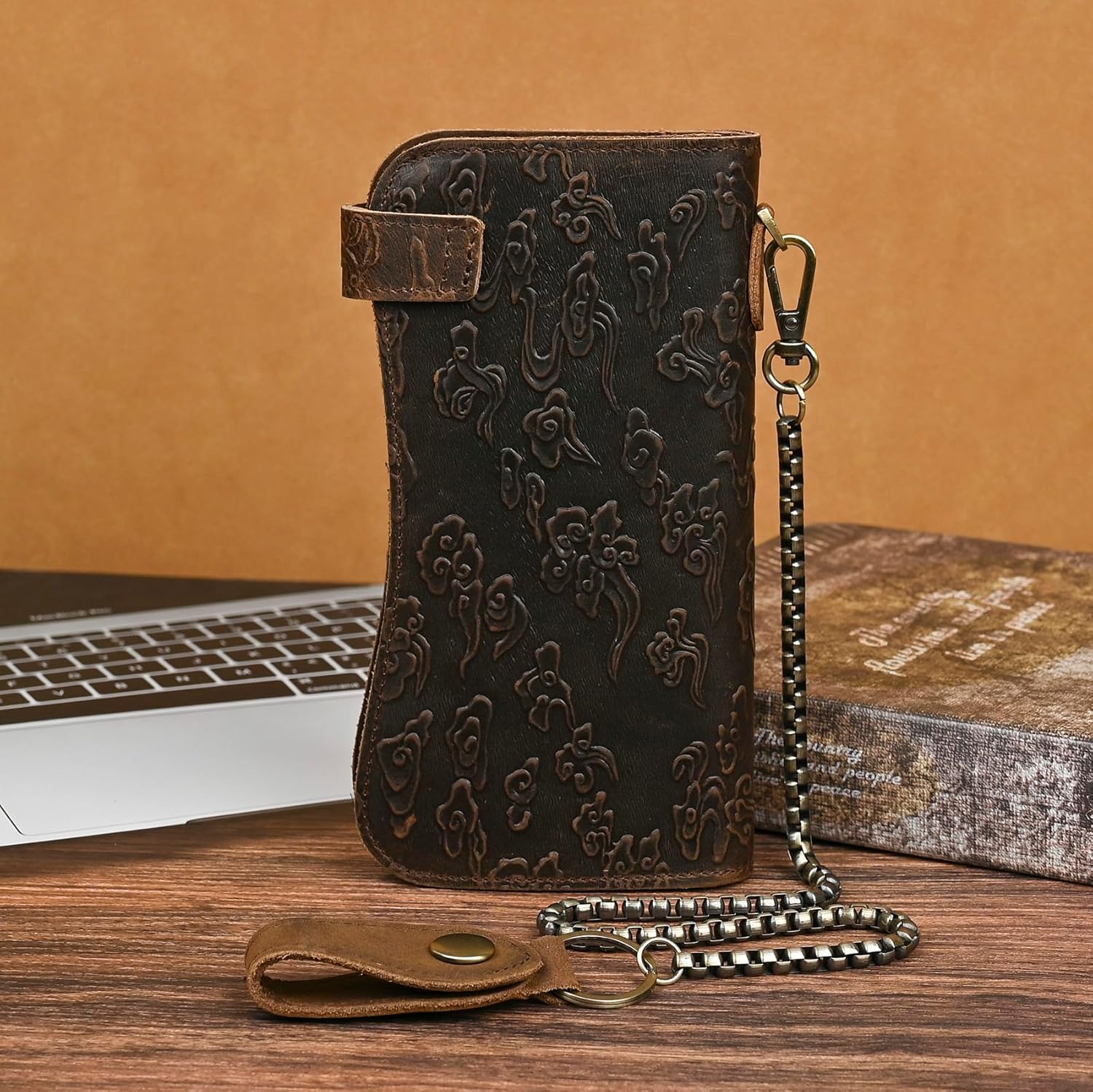 Genuine Crazy Horse Leather Travel Gift Coin Pocket Card Case Long Organizer Chain Rfid Wallet Purse With Snap For Men Male 1088 (1088 Dark Brown-Dragon) - Image 2