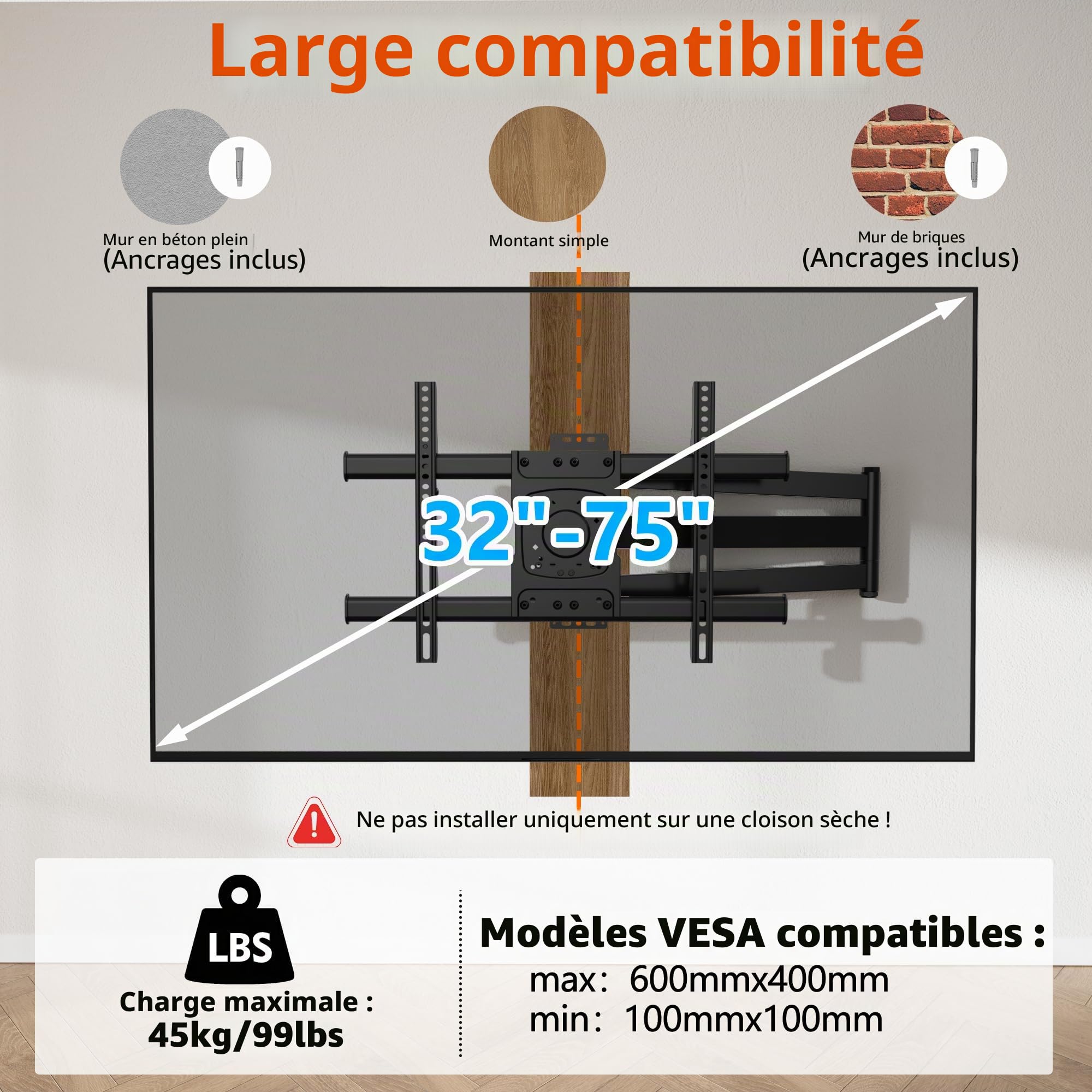 Support Mural TV pour Téléviseurs 32-75 Pouces, Support Mural TV Longue Portée avec Extension Lisse 710mm, Support Mural Universel pour Téléviseur jusqu'à 45kg, VESA 600x400mm