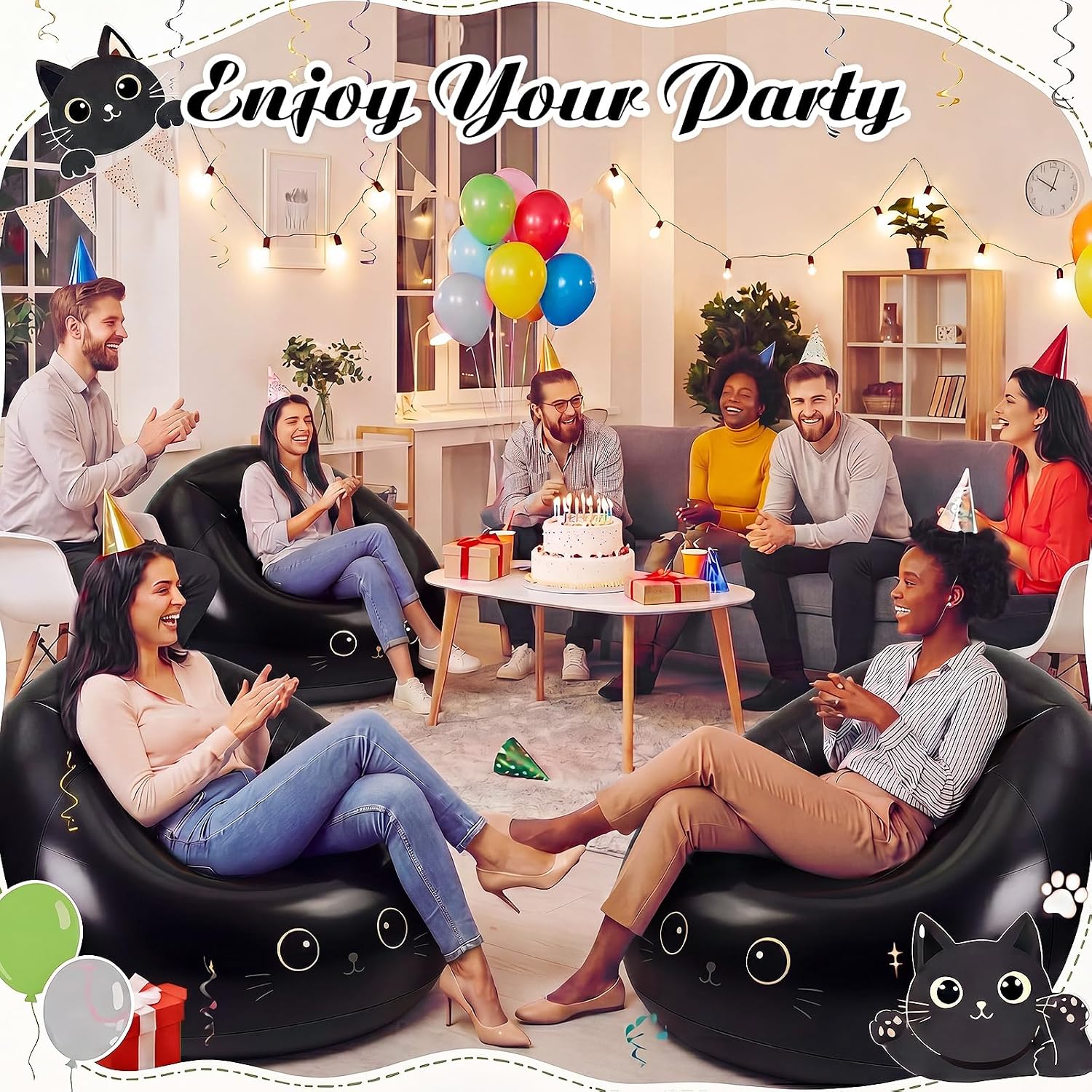 Capoda 2 Pcs Inflatable Bean Bag Chairs with Air Pump - Black Cat Blow up Beach Chairs Folding Portable PVC Lazy Sofa Inflatable Seatings for Adults Gaming Camping Movie Party Supplies