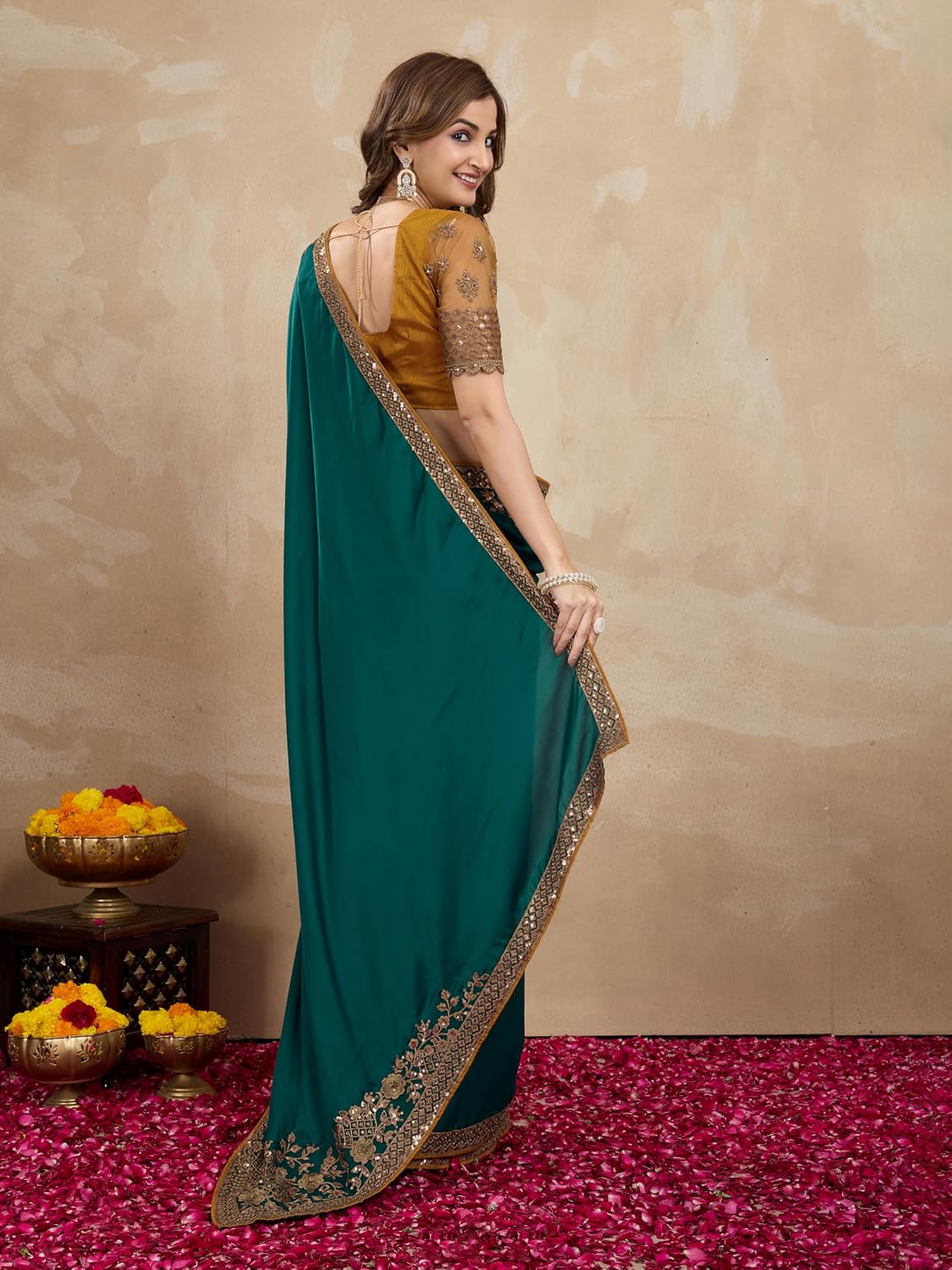 RENDMALLS Women's Satin Golden Sequin Embroidery work Saree with Unstitched Blouse Piece (K1163-Green)