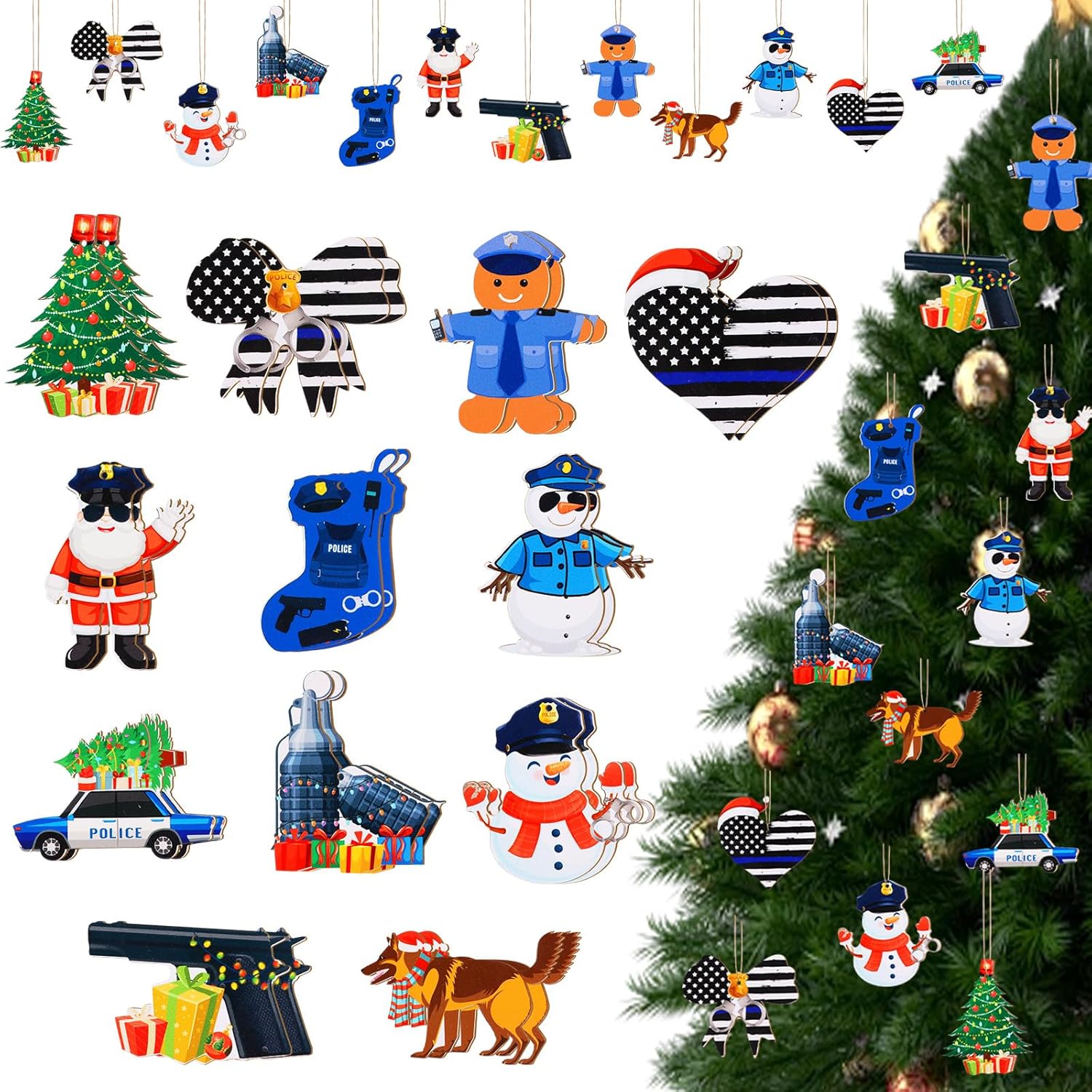 24Pcs Christmas Police Theme Wooden Ornaments, Police Officer Graduation Retirement Party Hanging Decor, Xmas Winter Holiday Policeman Tree Wall Decorations DIY Craft Supplies