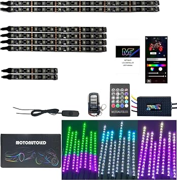 8PCS Motorcycle LED Underglow Kit with Brake Turn Signal RGBW Chase Flow Chasing Strips Waterproof Multicolor Accent Light with APP Remote Control Accessories for ATV Harley Davidson Honda Kawasaki