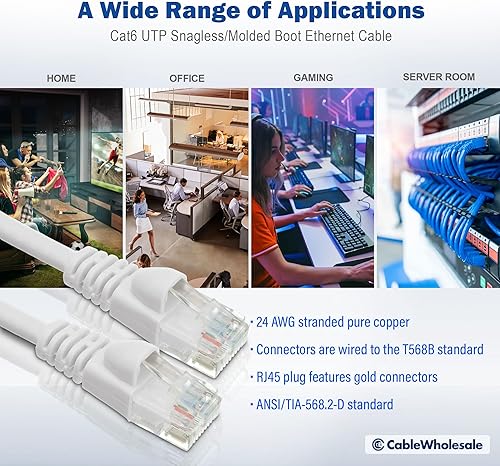 Miniatura 6 de CableWholesale Cable Ethernet Cat6, 24AWG, conector de placa dorada RJ45, 4 pares de cobre trenzado, par trenzado sin blindaje (UTP), cable de