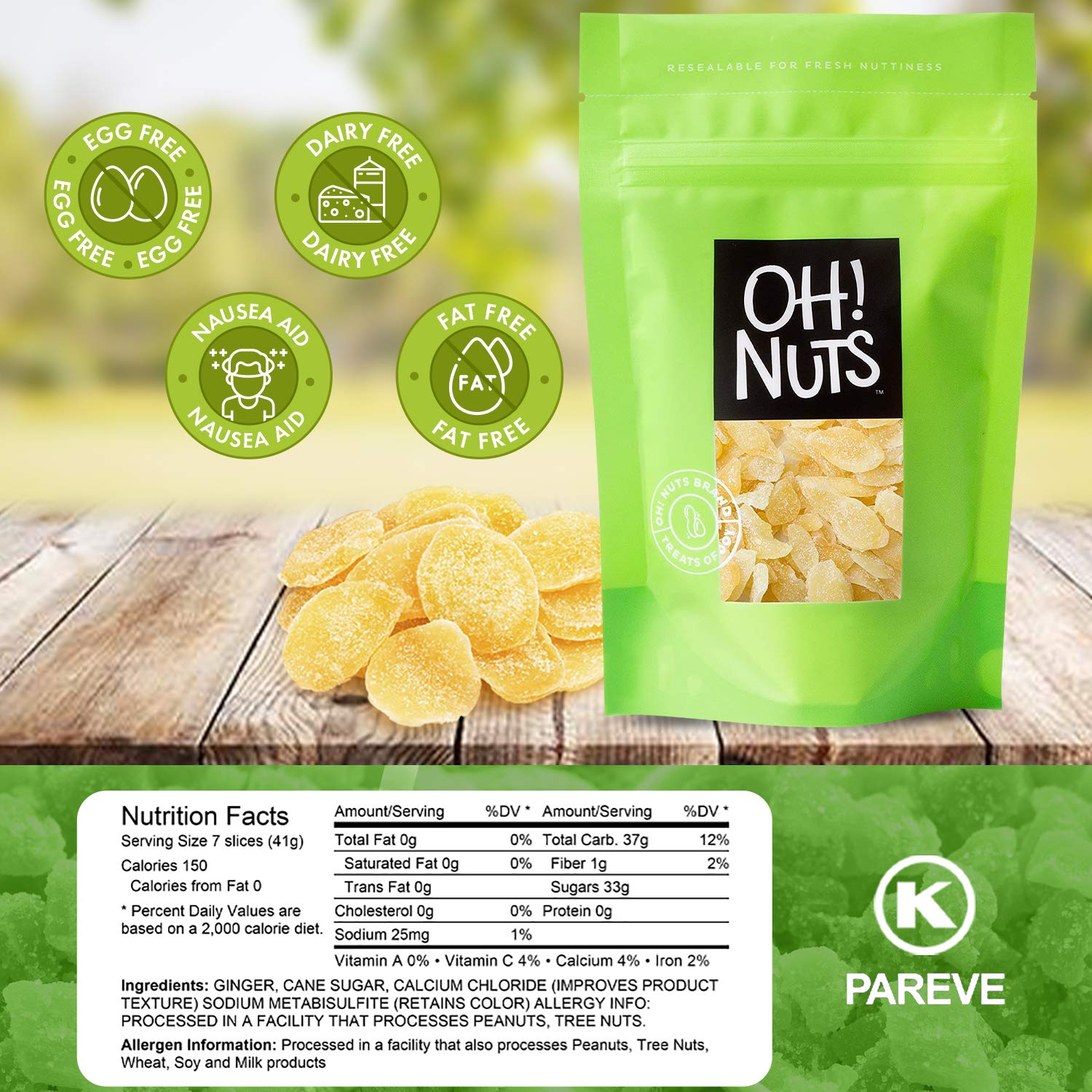 Oh! Nuts Ginger Candy | Chewy Gummies with Crystallized Sugar Candied Coating | For Snacking, Nausea, Morning & Motion Sickness | Resealable 2lb Bulk Bag of Certified Kosher Bits for Premium Freshness