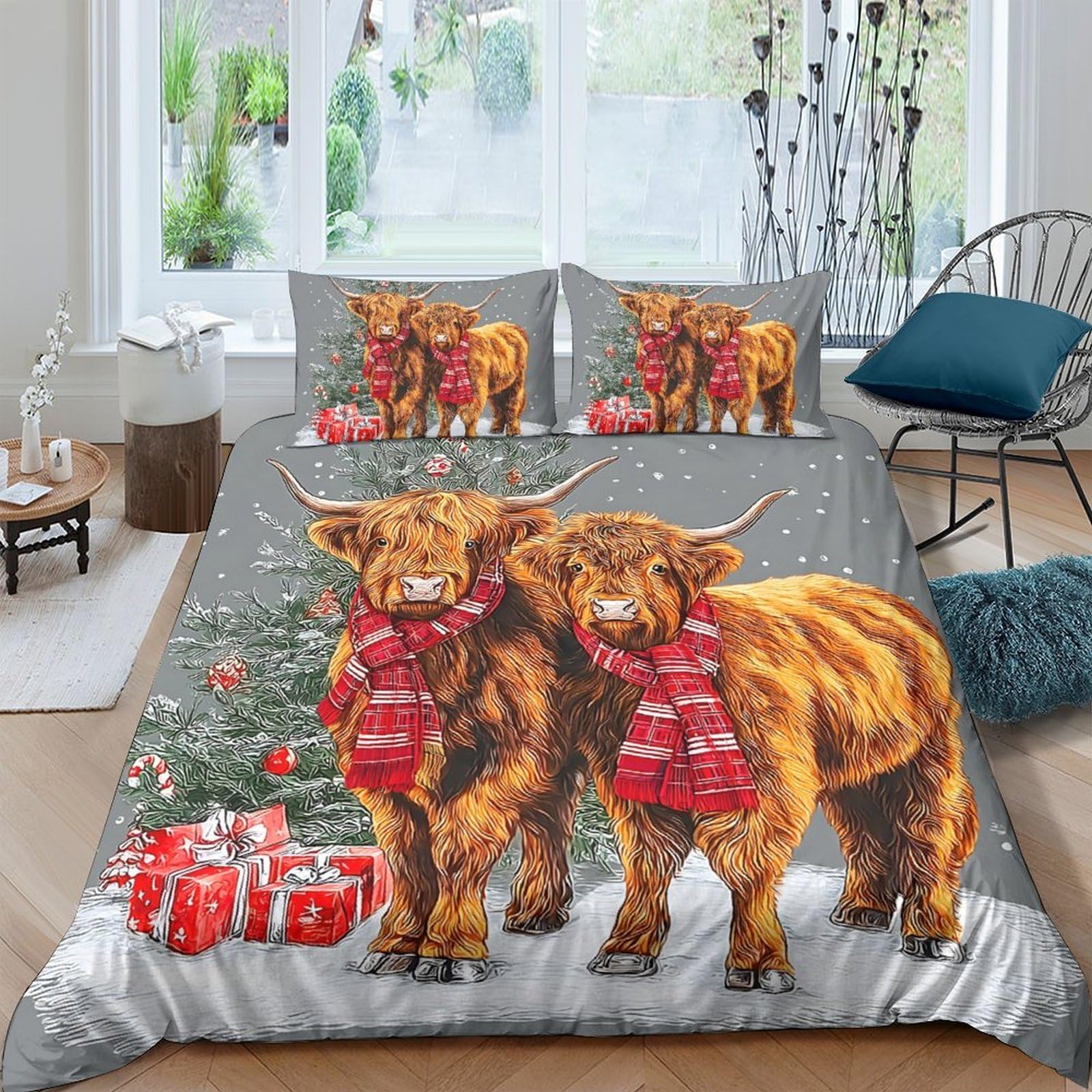 Ctjqhvkz Style-9 3D Printed Highland Cow Fitted Sheet Microfiber Soft Grey Bed Cover For Bedroom Dorm Mattress Decor Single（135X200cm）