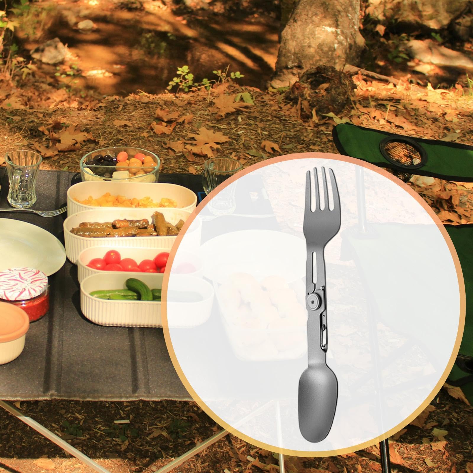 Cubiertos Tenedor-Cuchara Giratorios de Titanio 2 en 1 para Barbacoa, Vajilla Portátil, Pesca Y Cocina