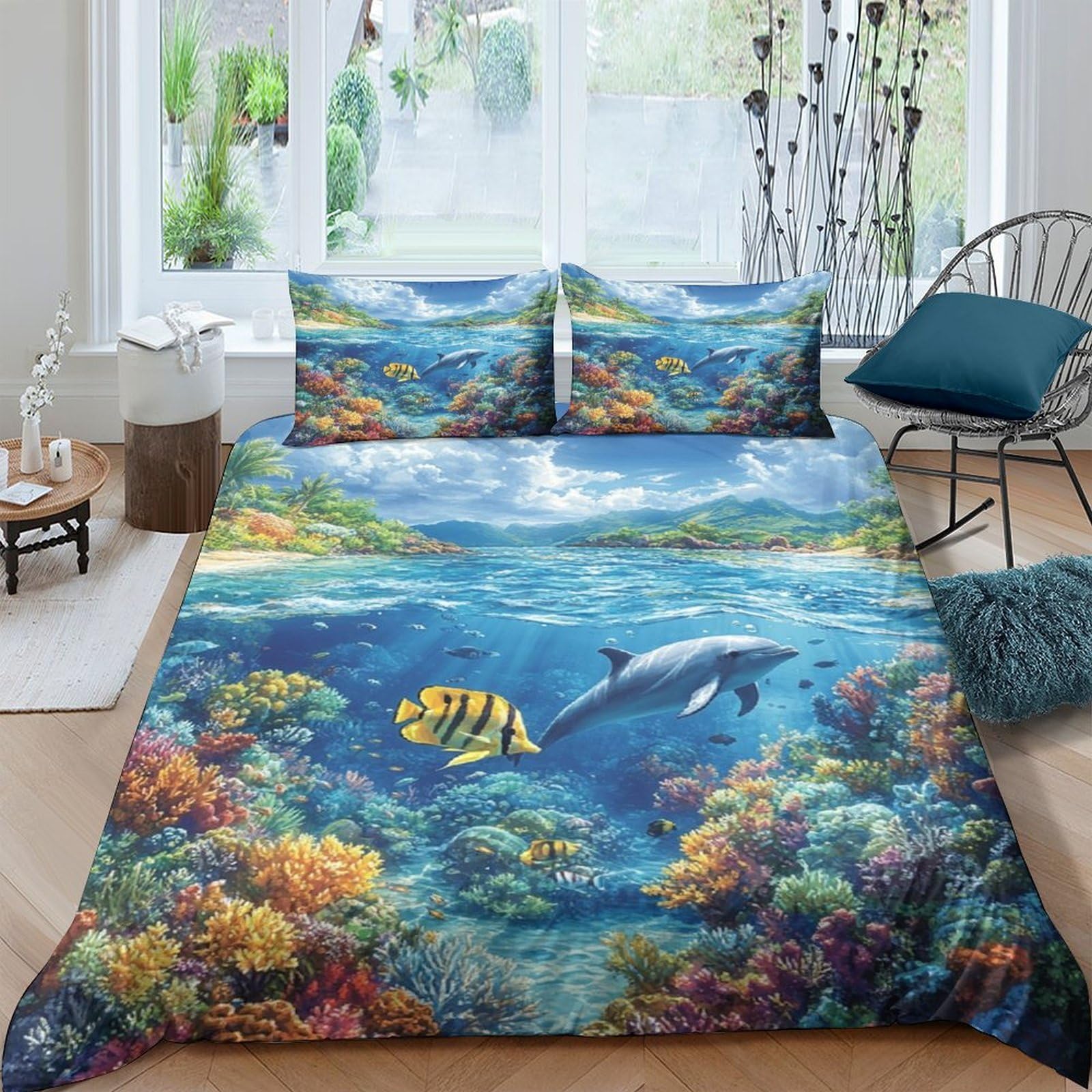 Ctjqhvkz Style-2 3D Printed Ocean Coral Reef Fitted Sheet Microfiber Soft Breathable Dolphin Underwater Mattress Cover For Bedroom Decor Single（135X200cm）