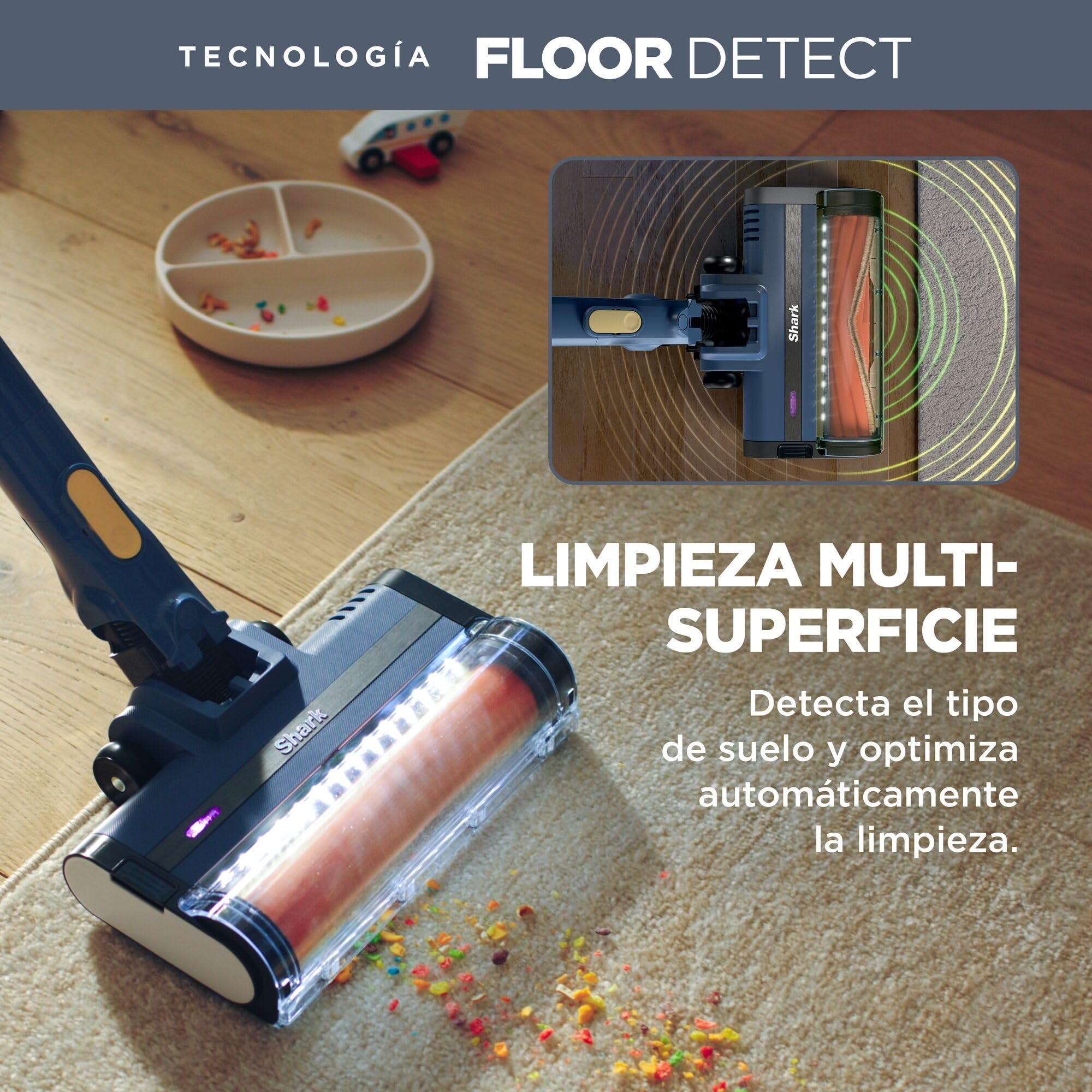 Shark aspiradora sin Cable, succión Potente, Anti Hair Wrap, FloorDetect, TurboPro Detect, hasta 40 min de autonomía, Boquilla Estrecha, HEPA + Anti-Allergen Complete Seal, Luces LED, Azul, IY143HEU