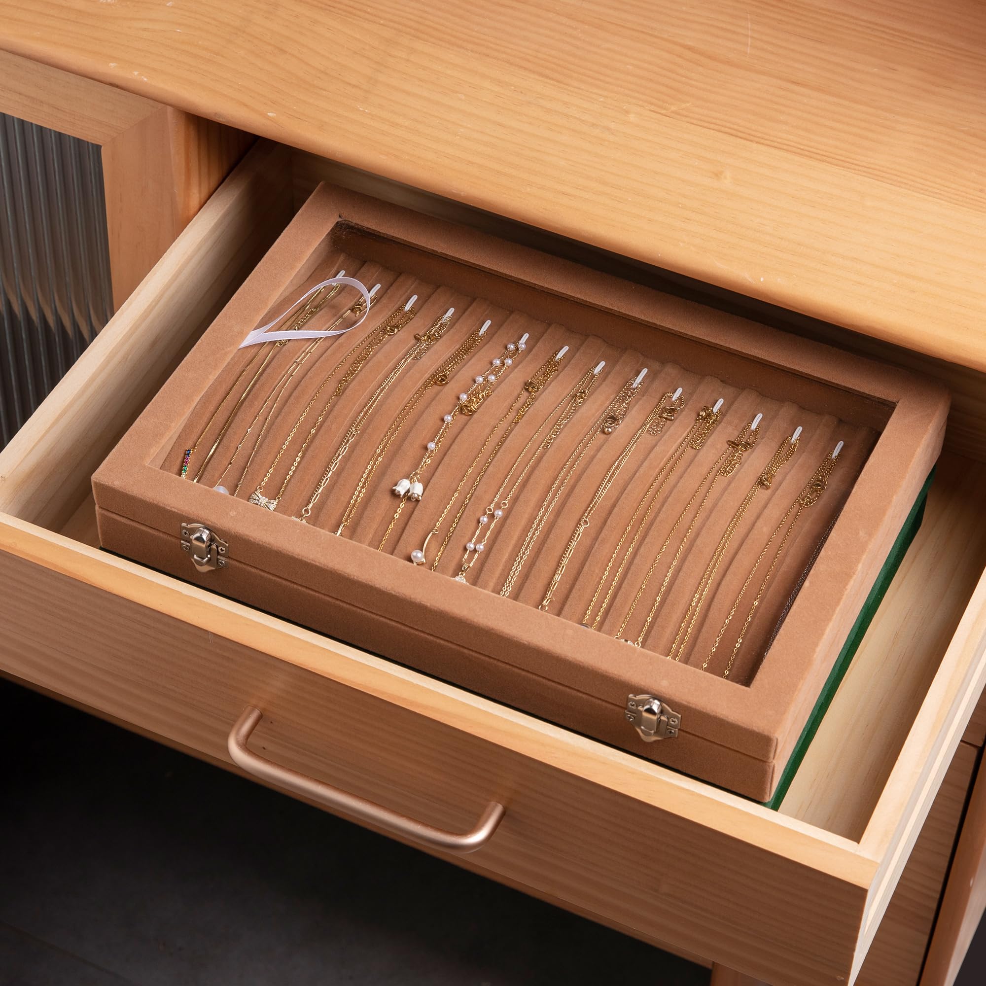 Bandeja para collares, 15 ganchos, organizador de collares de terciopelo con tapa transparente, con cerradura, caja organizadora de joyas para colgantes, cadenas, collares, bandeja de joyas 6