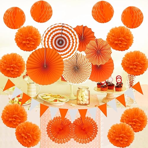 Miniatura 7 de ZERODECO Decoración de fiesta, 21 abanicos de papel colgantes color naranja con pompones, guirnaldas de lunares y banderines triangulares para