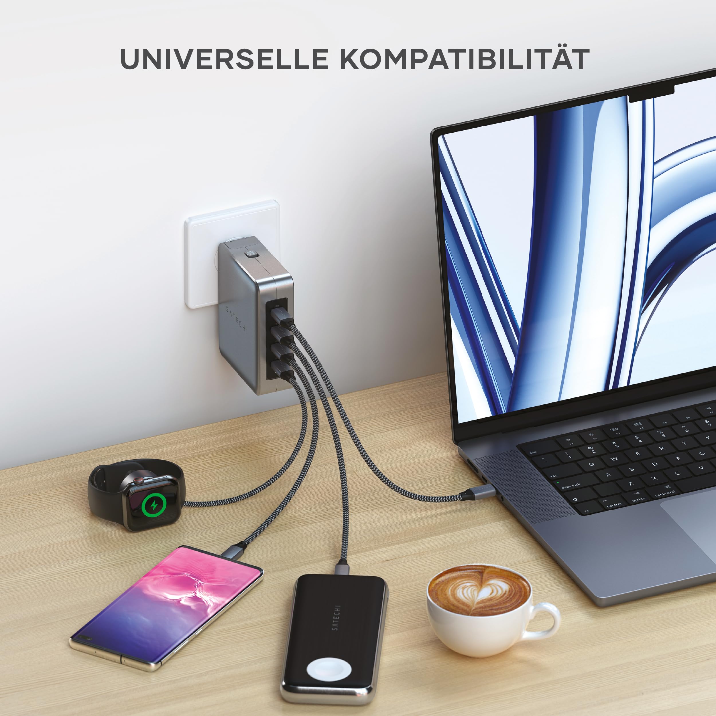 SATECHI 145W GaN Reiseladegerät, 4-Port USB-C Ladegerät, 2 USB-C PD 3.1, Schnellladestation für MacBook Air & Pro M5 M4, iPad Air & Pro M5 M4, iPhone 17, 16, 15 bis 12 Serie, Android, Windows