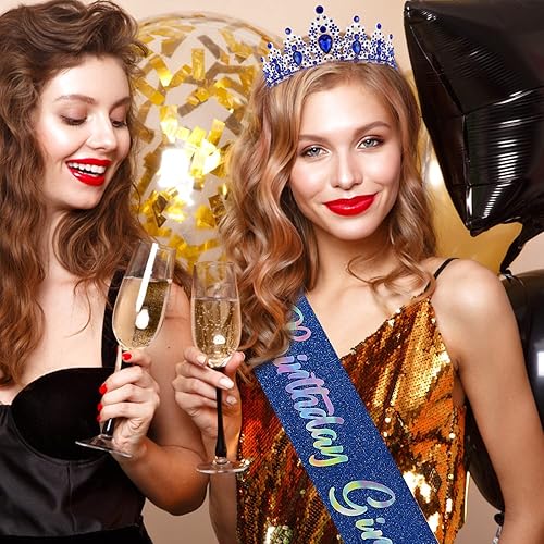 Miniatura 2 de SuPoo Coronas de cumpleaños para mujer, kit de banda y corona de cumpleaños, tiara de cumpleaños azul, corona de diamantes de imitación con peine