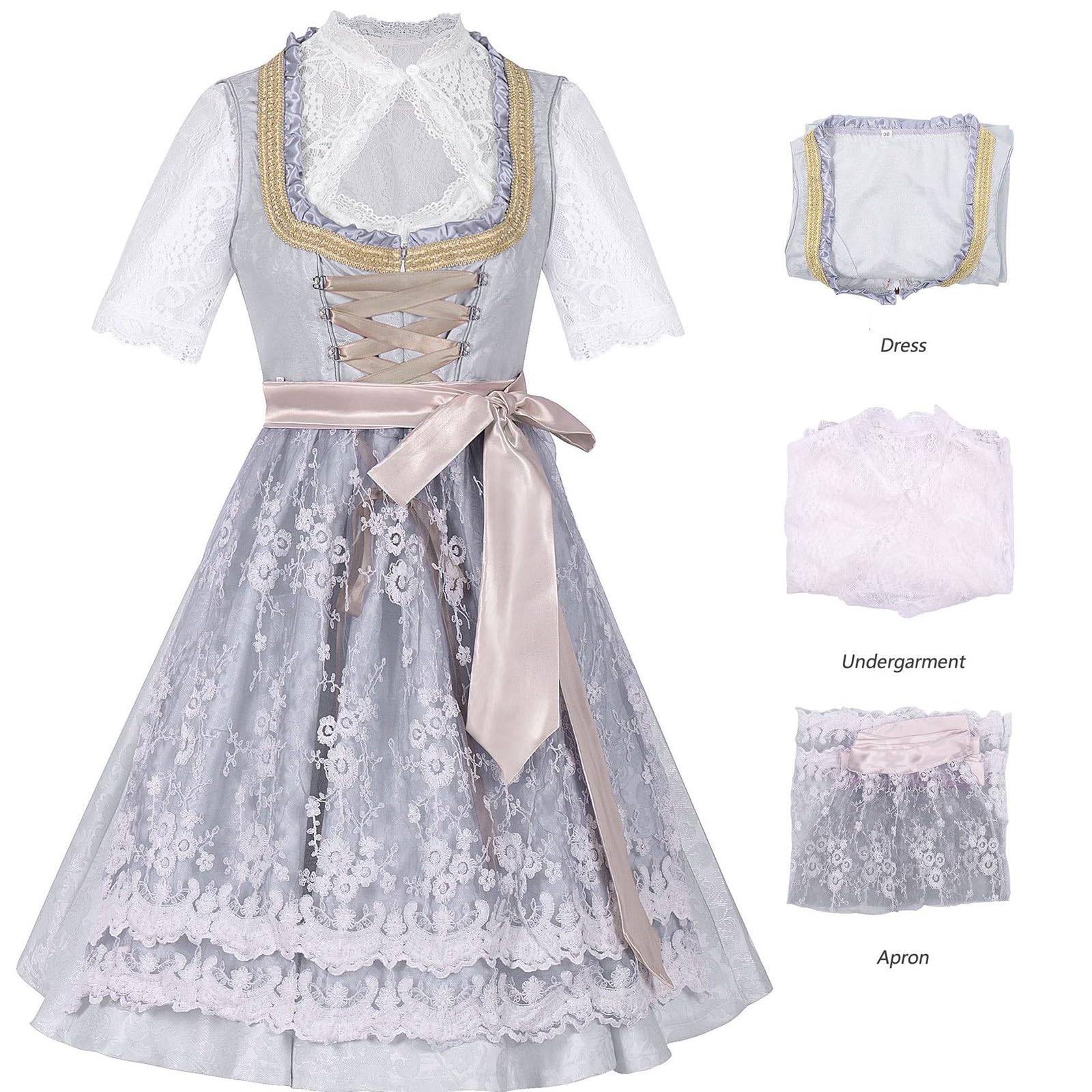 Dirndl Kleid Damen Oktoberfest Trachtenkleid Kurzarm Spitze Bluse mit Schürze Korsett Schnürung Midi Kleid Blumen Spitze Rock Bayerisches Kostüm Traditionelle Kleidung Festkleid