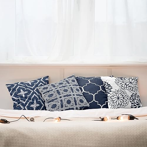 Miniatura 5 de Ambesonne Paquete de 4 fundas de cojín vintage, malla de cuadrícula medieval, adornos de celosía étnica y flores de dalia, acento moderno de