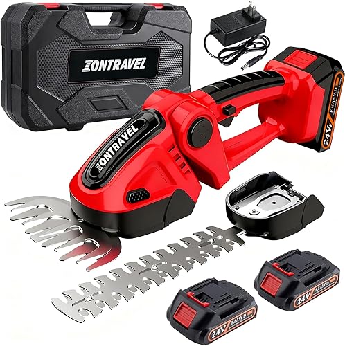 Cortasetos inalámbrico - Cortadora eléctrica de arbustos de 24 V, tijeras de césped de mano, cortasetos con 2 baterías recargables y cargador para