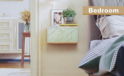 Miniatura 7 de HLR Mesita de noche flotante, pequeña mesita de noche con puerta de solapa, mesita de noche flotante montada en la pared para dormitorios, verde