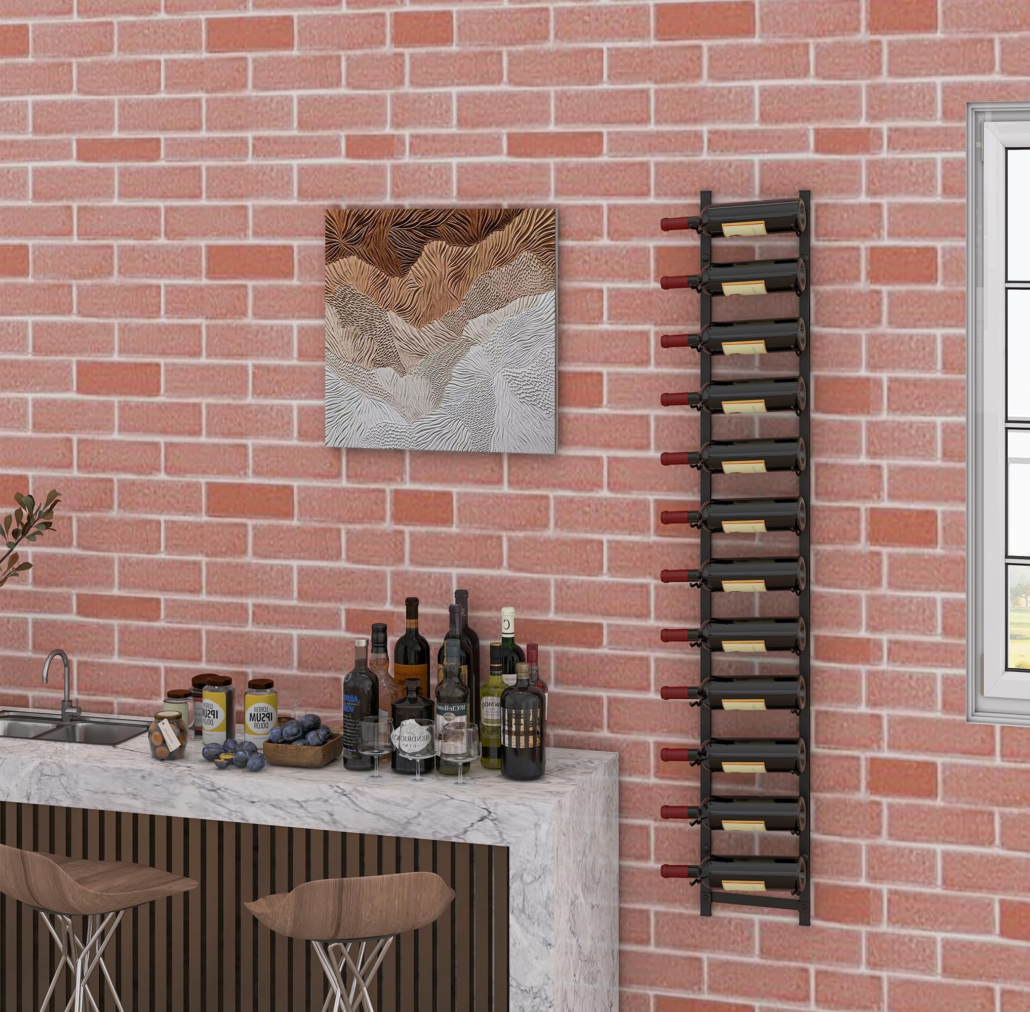 KOMFOTTEU Botellero Vino de Pared para 6/9/12 Botellas, Portabotella Metálica Vertical, Estante Colgante Decorativo para Vino, Organizador de Botellas para Cocina, Comedor, Bar (12 Botellas)