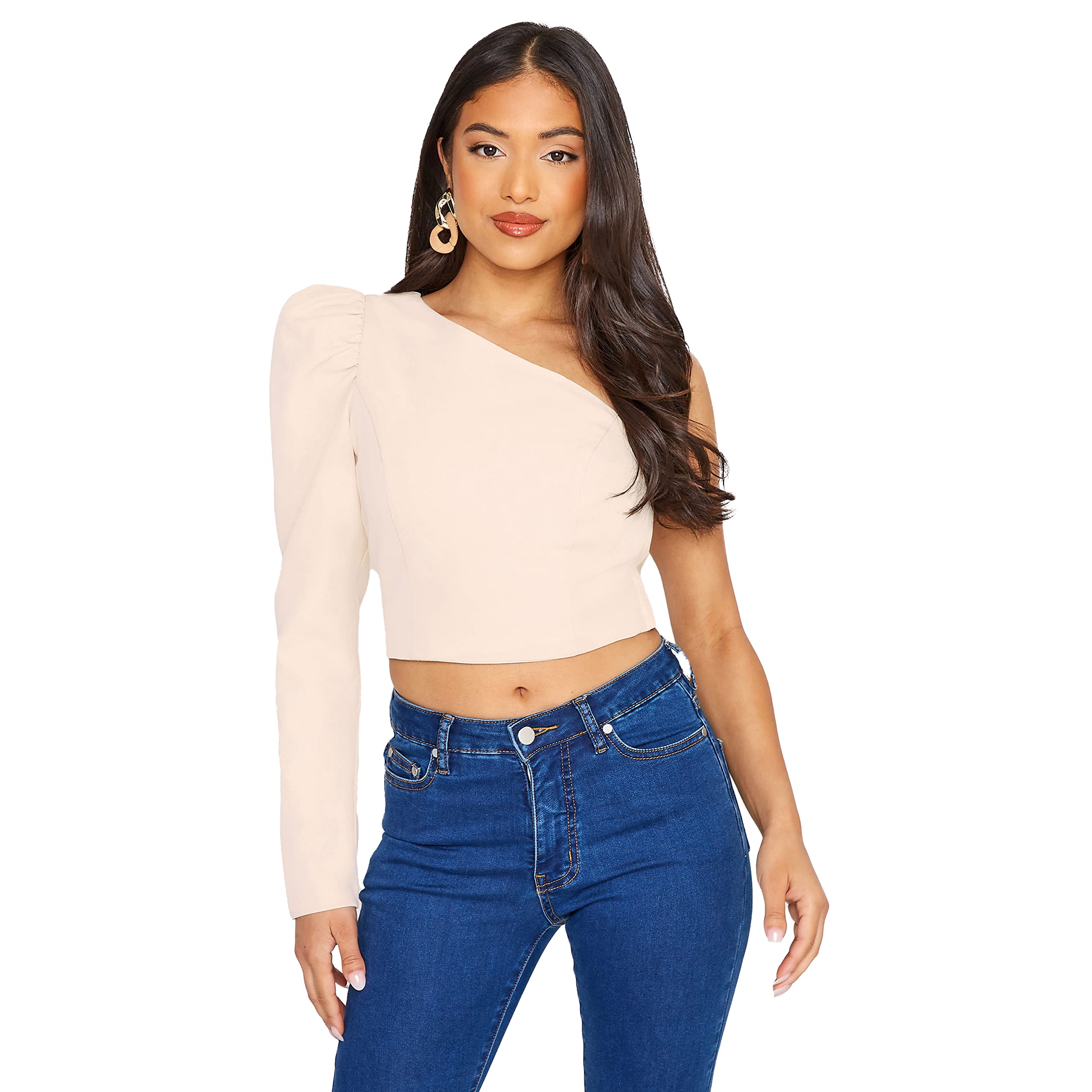 Pixiegirl Women's Pink Petite Ruched Sleeve One Shoulder Crop Top Petite