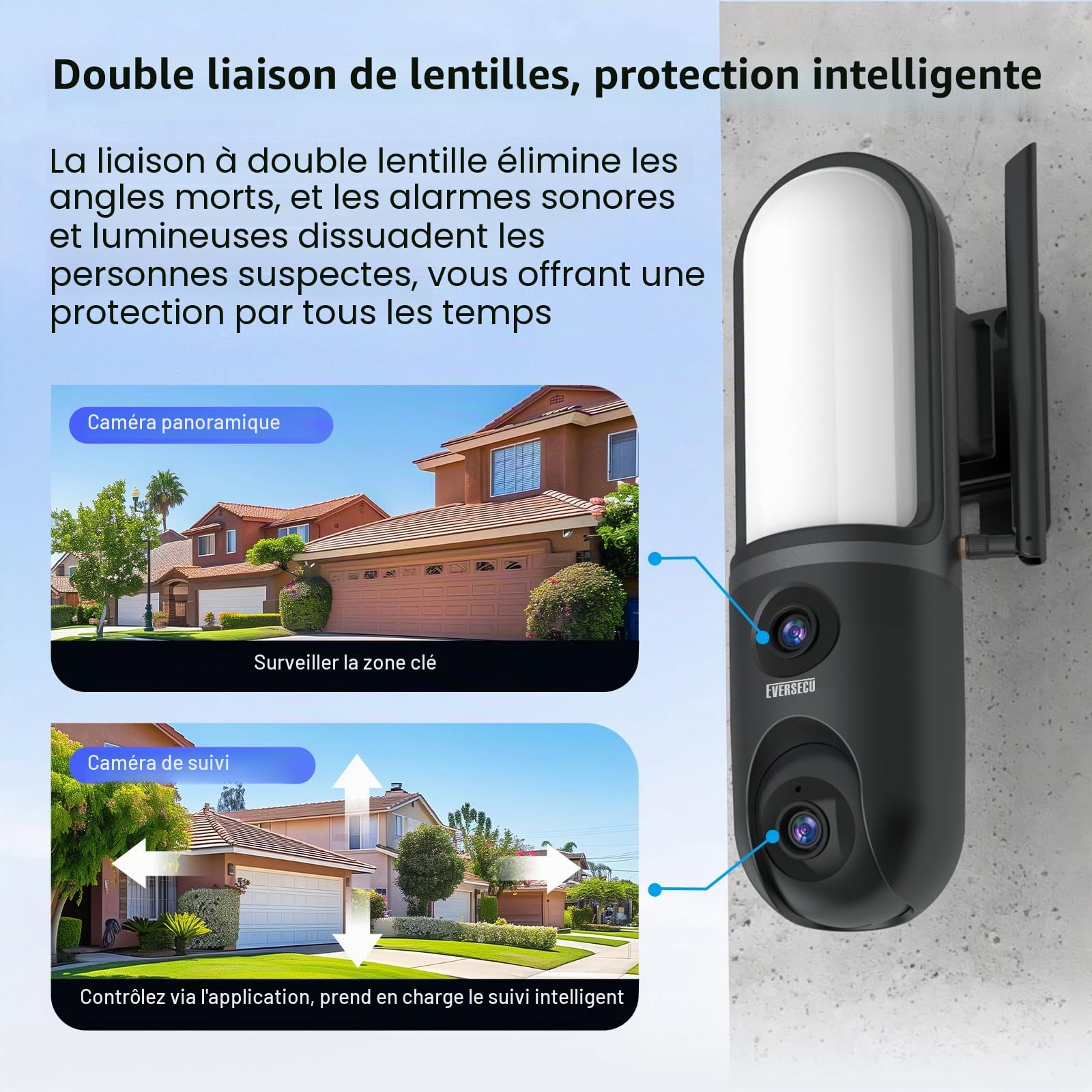 EVERSECU Caméra murale étanche à double objectif, vidéo 3K, projecteur 1200 lm, audio bidirectionnel, suivi automatique PTZ, prend en charge ONVIF et RTSP et Alexa, stockage Cloud/SD, caméra de