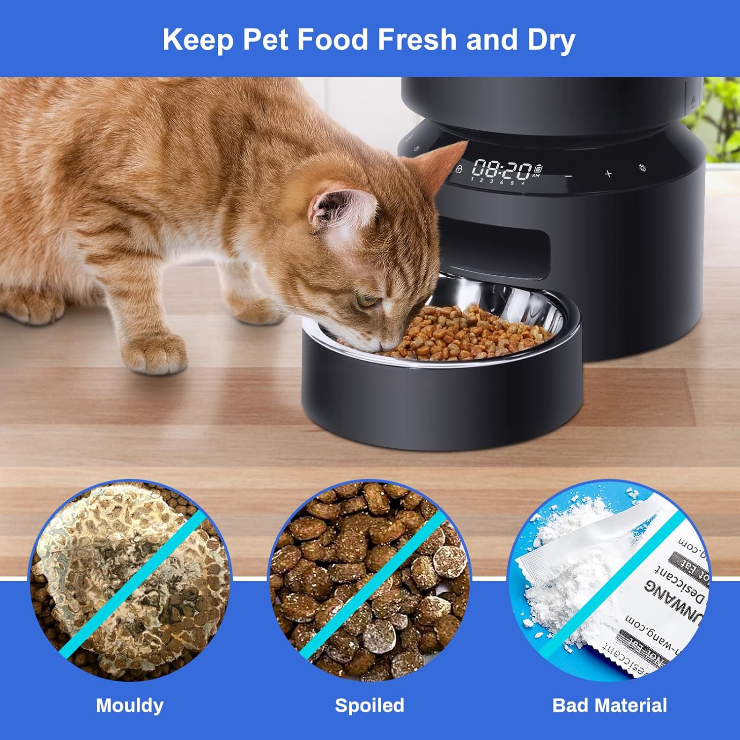 Three circles illustrating the negative effects of moisture on pet food: mouldy, spoiled, and bad material, contrasted with the benefit of fresh desiccant.