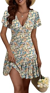 ANRABESS Womens Summer Dresses Short Sleeve Wrap V Neck A-Line Floral Mini Dress Spring Causal Boho Beach Vacation Sundress