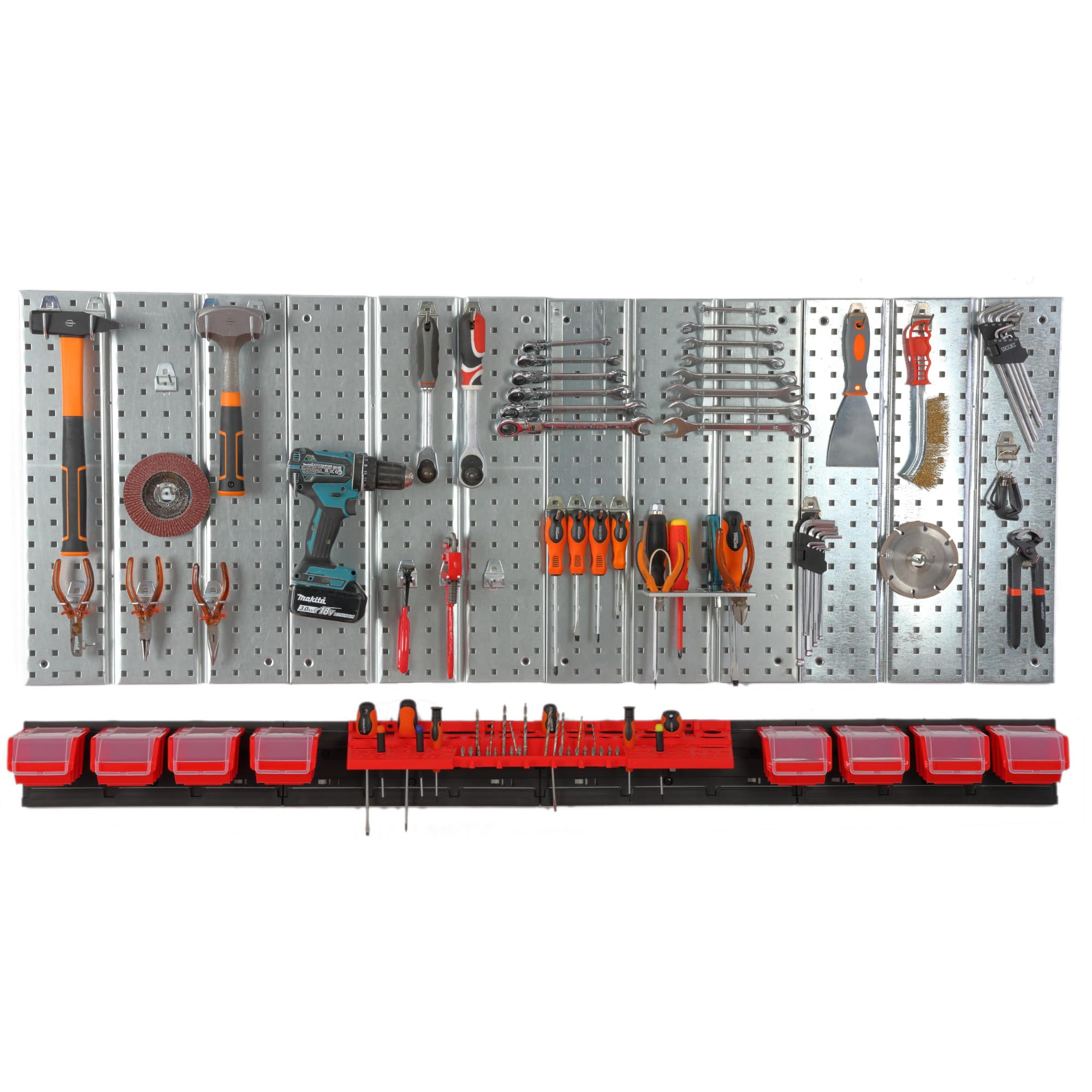 Werkzeugwand Metall 156x72 cm Lagersystem mit Werkzeughaltern Werkzeughaken und 8 Stapelboxen 100 x 150 x 70 mm Farbe: rot Lochbrett Werkstatt Garage Steckbrett Elektrowerkzeuge Lochwand