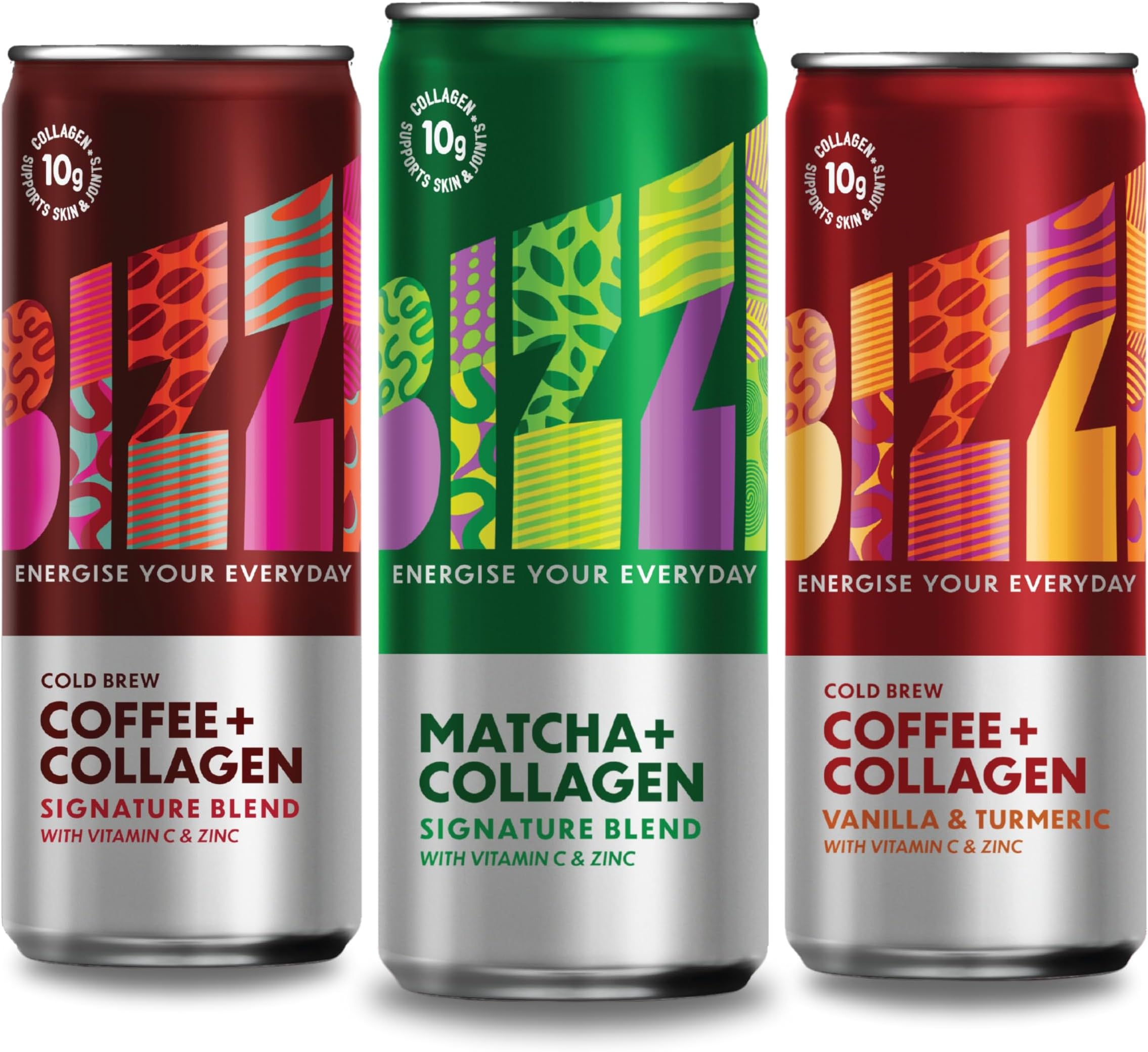BIZZI Drinks Variety Pack, Cold Brew Coffee + Collagen, Matcha Infused with Vitamin C & Zinc, 10g Premium Bovine Natural Energy for Skin, Nails Joints, 3 x 250ml Cans
