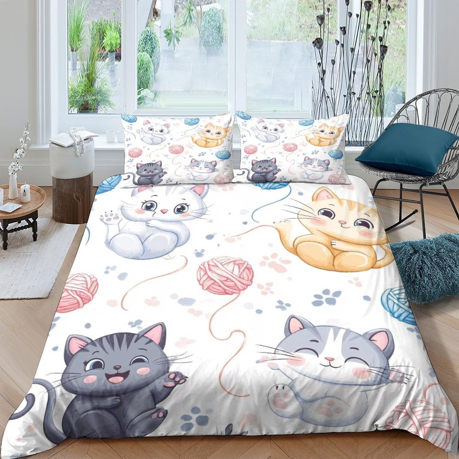 Ctjqhvkz Style-1 3D Printed Cute Cartoon Cat Fitted Sheet Microfiber Soft Breathable Yarn Ball Mattress Cover For Bedroom Guest Room Dorm Decor Single（135X200cm）