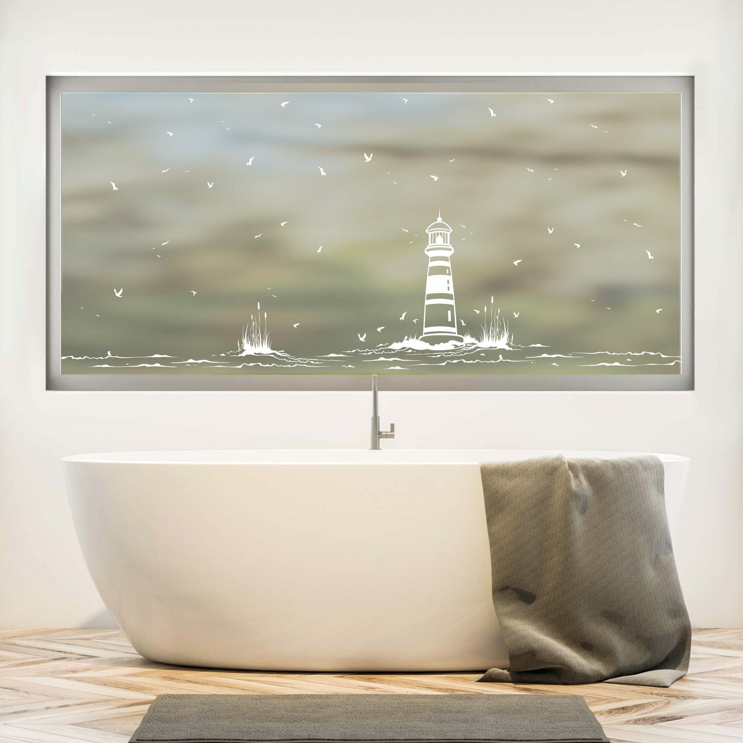 Sichtschutzfolie Leuchtturm Maritime Fensterfolie Fensterdeko Milchglasfolie, 55 cm hoch, 110 cm breit