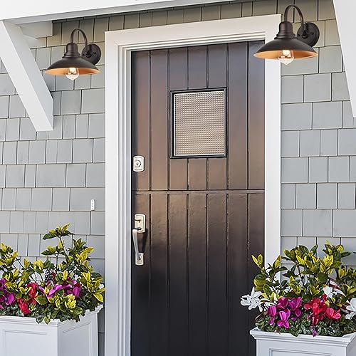 Miniatura 2 de Luz de granero de bronce con cuello de cisne rústica, iluminación de tocador de casa de campo interior con enchufe E26, aplique redondo para pared