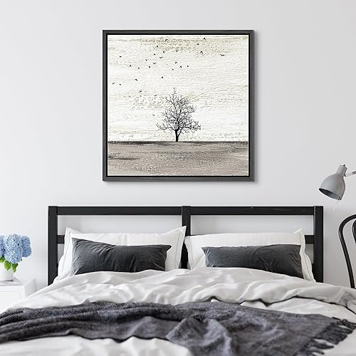 Miniatura 3 de SIGNFORD Lienzo enmarcado para pared, pájaros vuelan sobre campo gris con árboles, animales, ilustraciones de vida silvestre, arte moderno,