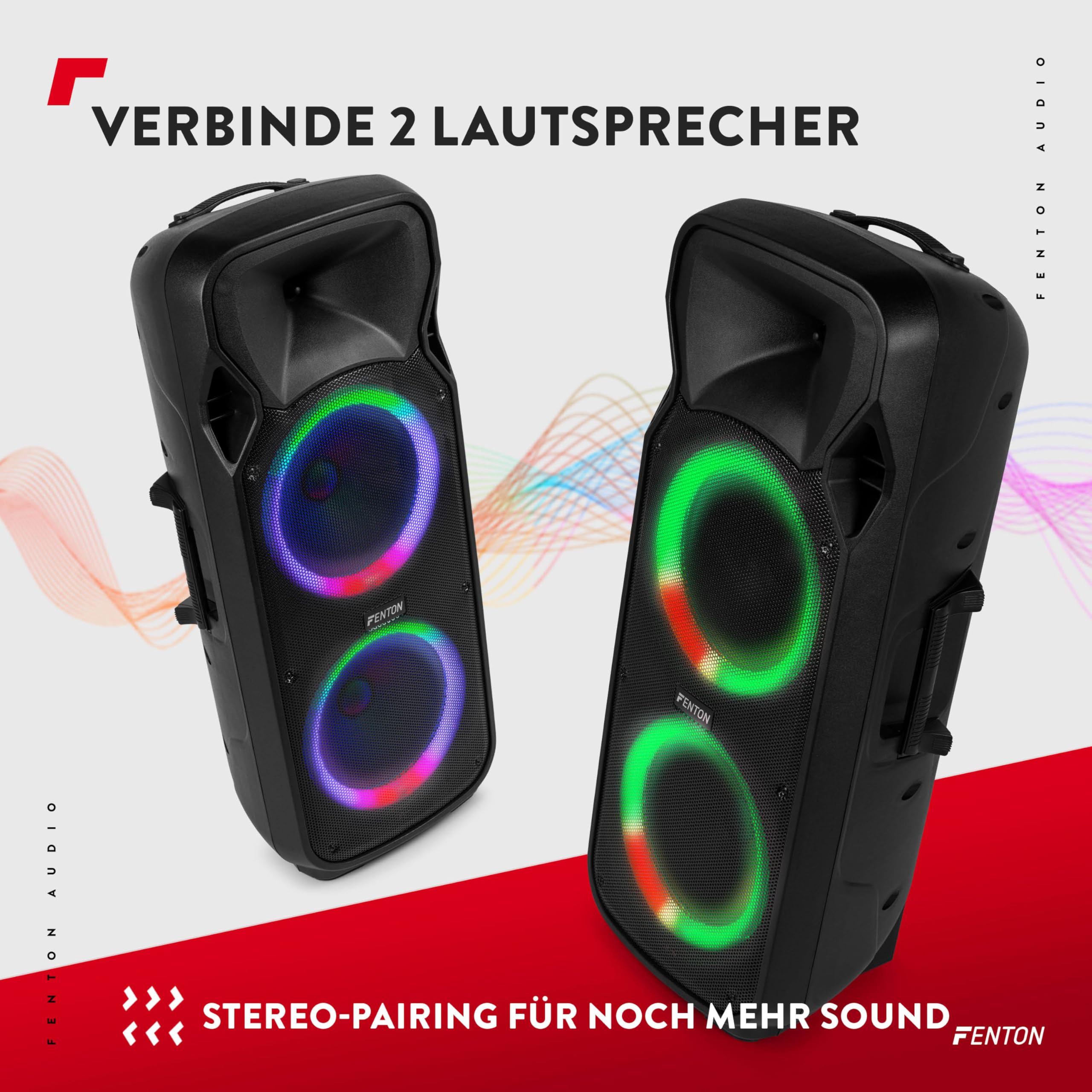 Fenton FT212LED MK2, Partybox Bluetooth Lautsprecher Groß 1400W, Musikbox Bluetooth Groß, 15" LED Subwoofer, Mikrofon, Akku- Netzbetrieb, AUX Eingang, USB Media-Player, Stereo-Pairing, Party Box