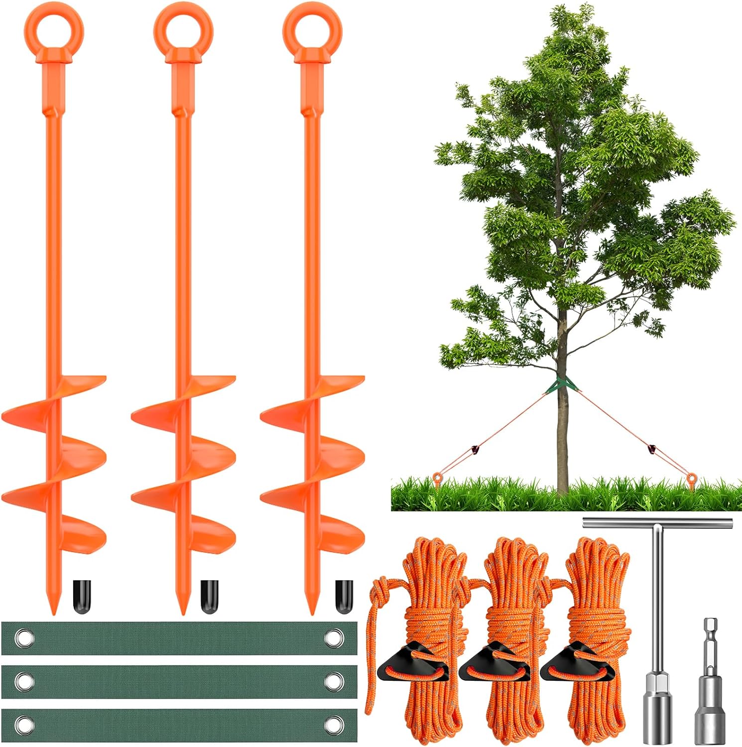 3 Pack 18" Tree Stake Kit, Heavy Duty Spiral Stakes and Supports for Leaning and Young Trees Straightening, Protect Trees from Bad Weather (Orange)