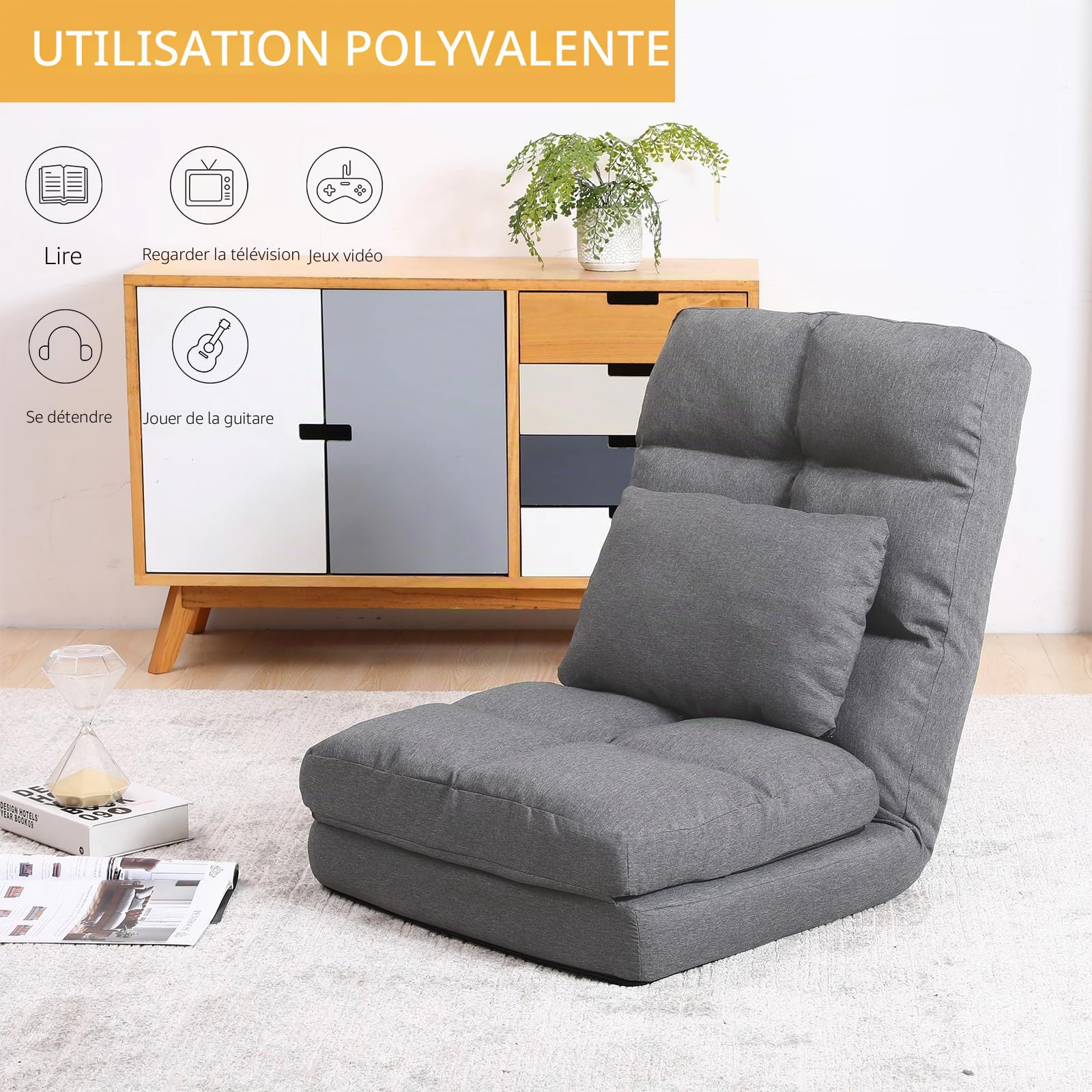 Fauteuil de Sol Réglable en 14 Positions, Chaise Paresseuse Avec Dossier, Pouvant Supporter Jusqu'à 160KG, Style Japonais