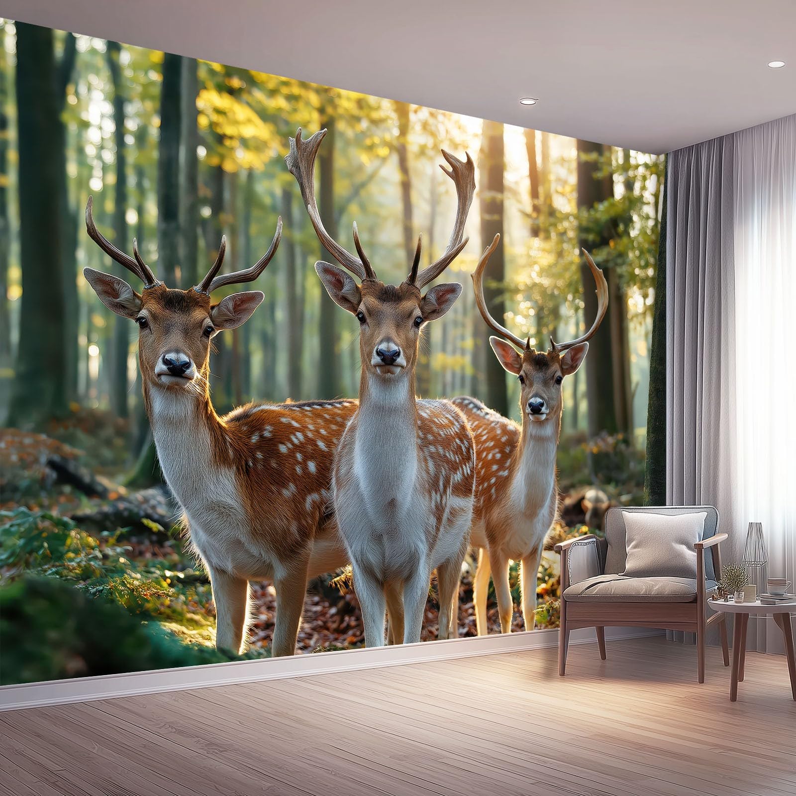Papier peint panoramique forêt et cerf 150x105 cm en intissé vert et brun pour salon