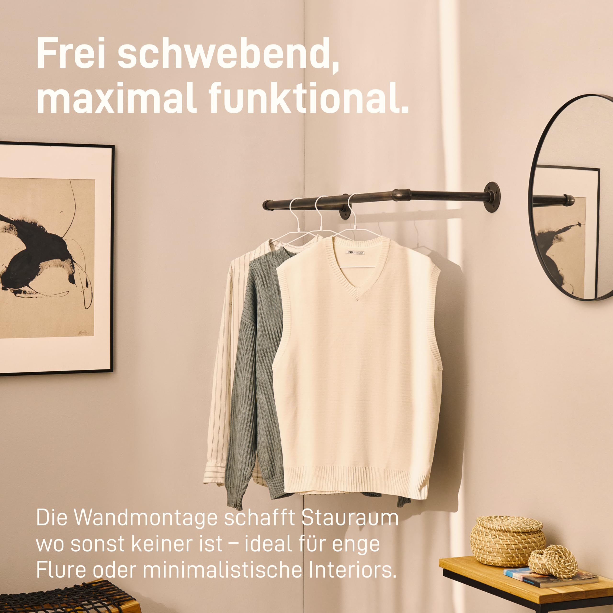Natural Goods Berlin Kleider-Stange Pipe GARD Wall | Einfache Wand-Montage | Garderoben-Stange im Industrial Design | Kleider-Stangen aus Metall | DIY-Garderobe Temperguss | T6cm * B40cm