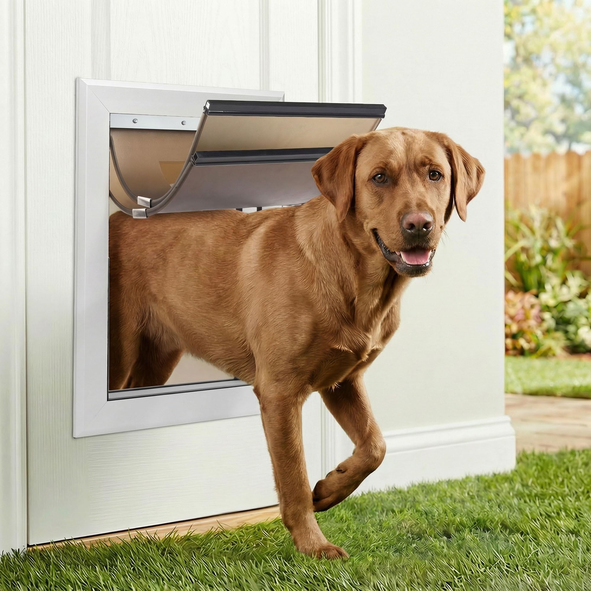 Puerta de perro XL para puertas, puerta de aluminio para mascotas para perros y gatos con bloqueo, hasta 220 libras