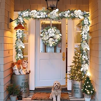 Lighted Christmas Wreath for Front Door with 20 LED Lights,22inch prelit  Christmas Wreath with Big Flower and Ball Ornament,Winter Porch  Decor,Indoor ...