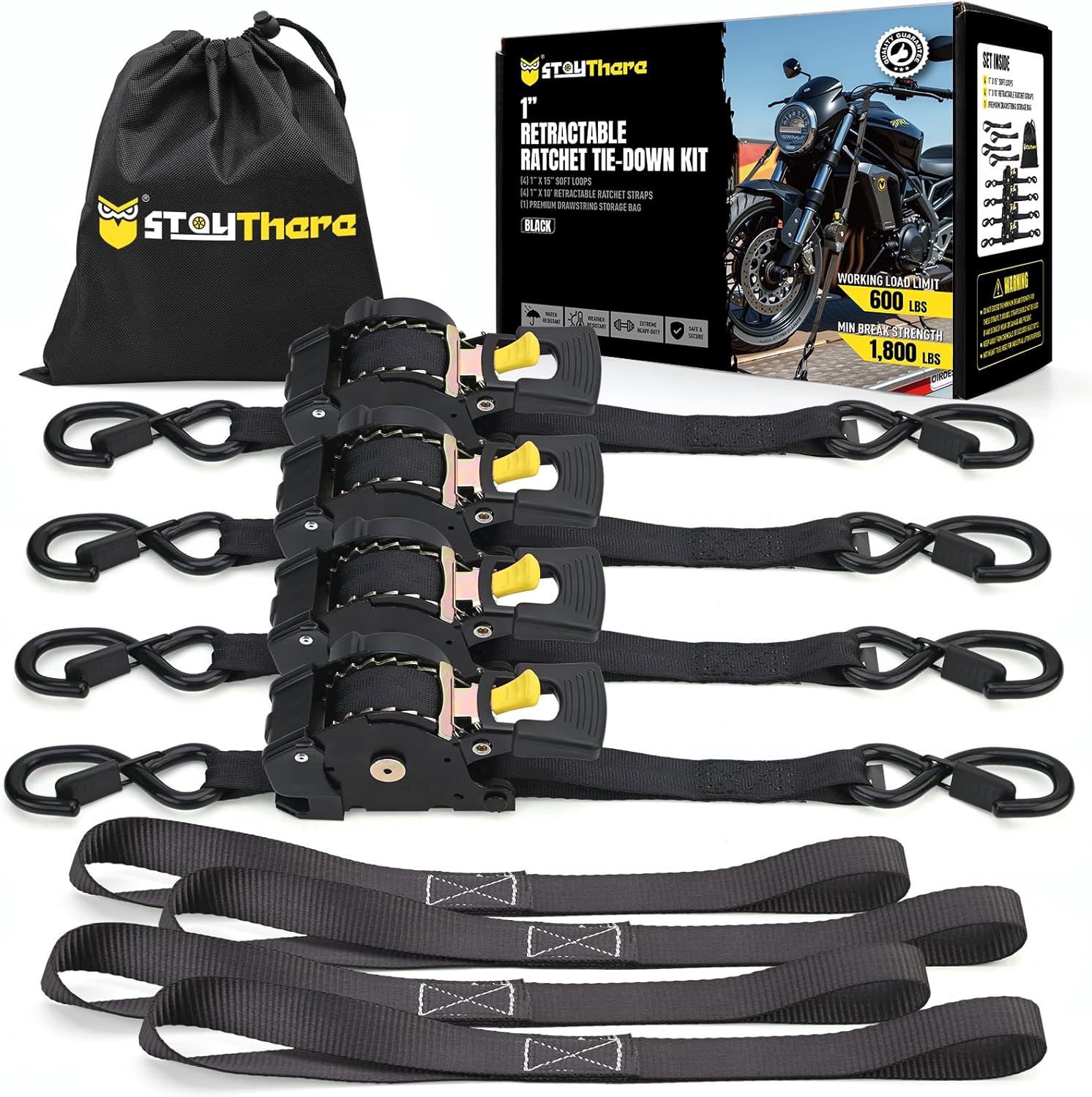 Stay There Retractable Ratchet Straps (4-Pack) - 1 Inch x 10 Feet (1800lb Break Strength) - Heavy Duty Auto Self Retracting Tie Down Straps for Truck, Cargo Trailer, Motorcycle & More - Black