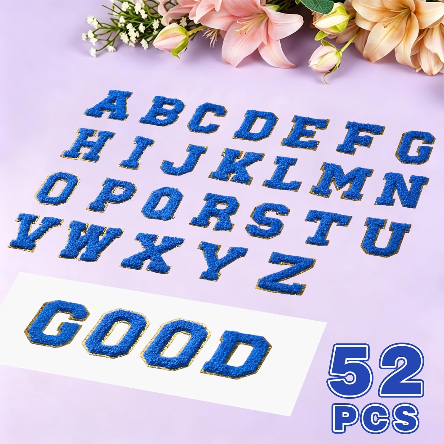 52 Pcs Self Adhesive Chenille Letter Patches, A-Z Glitter Edge Alphabet Stickers Stick-On Fabric Letters for Clothes, Bags, Hats, DIY Crafts (Blue)