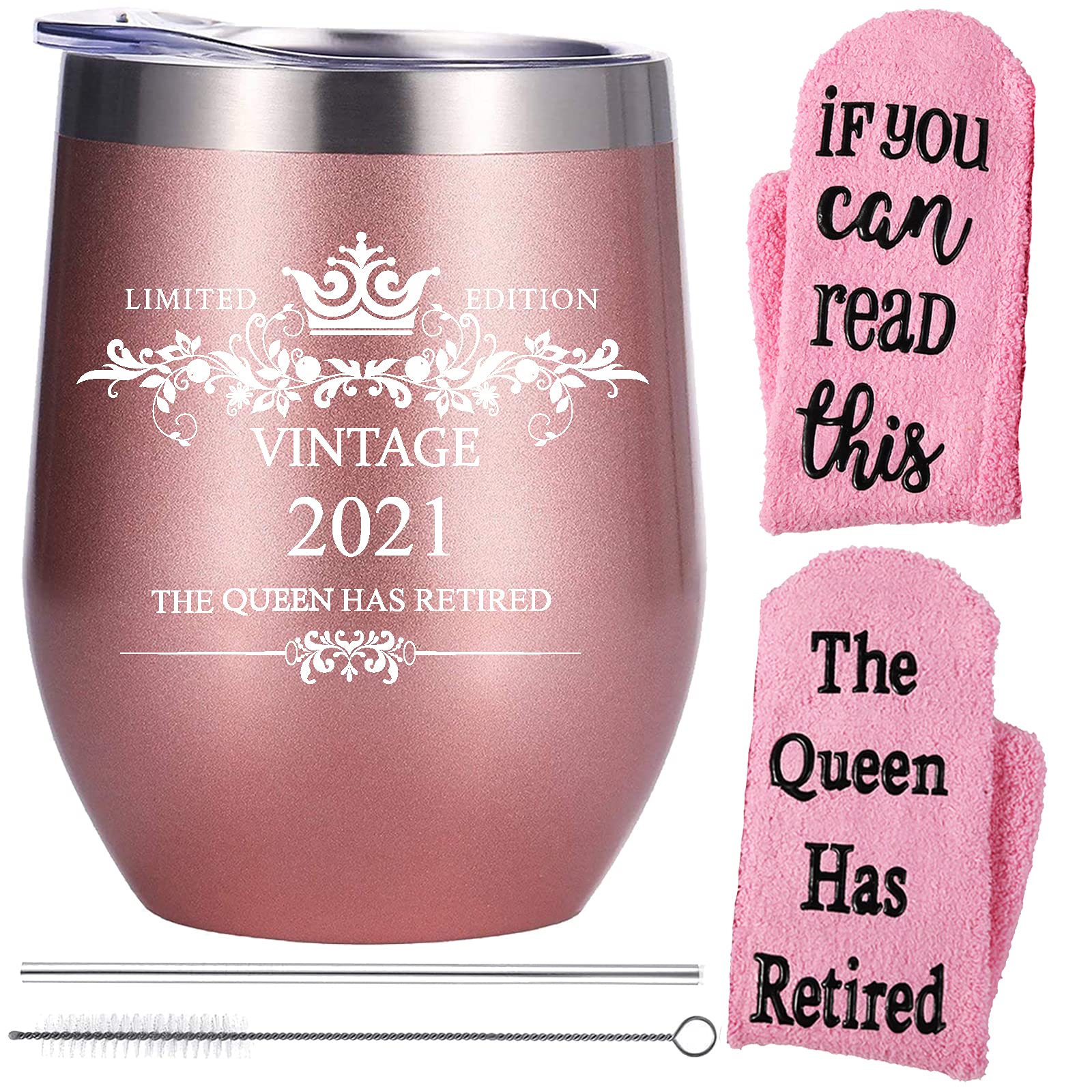 2021 The Queen Has Retire, 340 ml, Edelstahl, vakuumisoliert, Reisebecher, Rotgold, Weinglas mit lustigen Socken, Ruhestand, Geschenk-Set für Damen