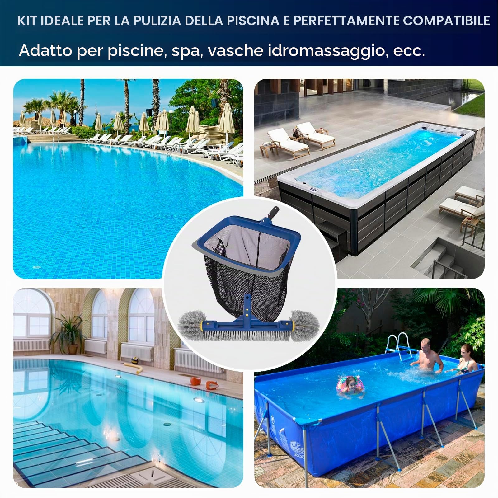 POOLAZA Set di pulizia per piscina, retino per piscina a maglia fine e spazzola per piscina con estremità rotonde per la pulizia, retino per piscina con struttura stabile e spazzola da 46 cm con