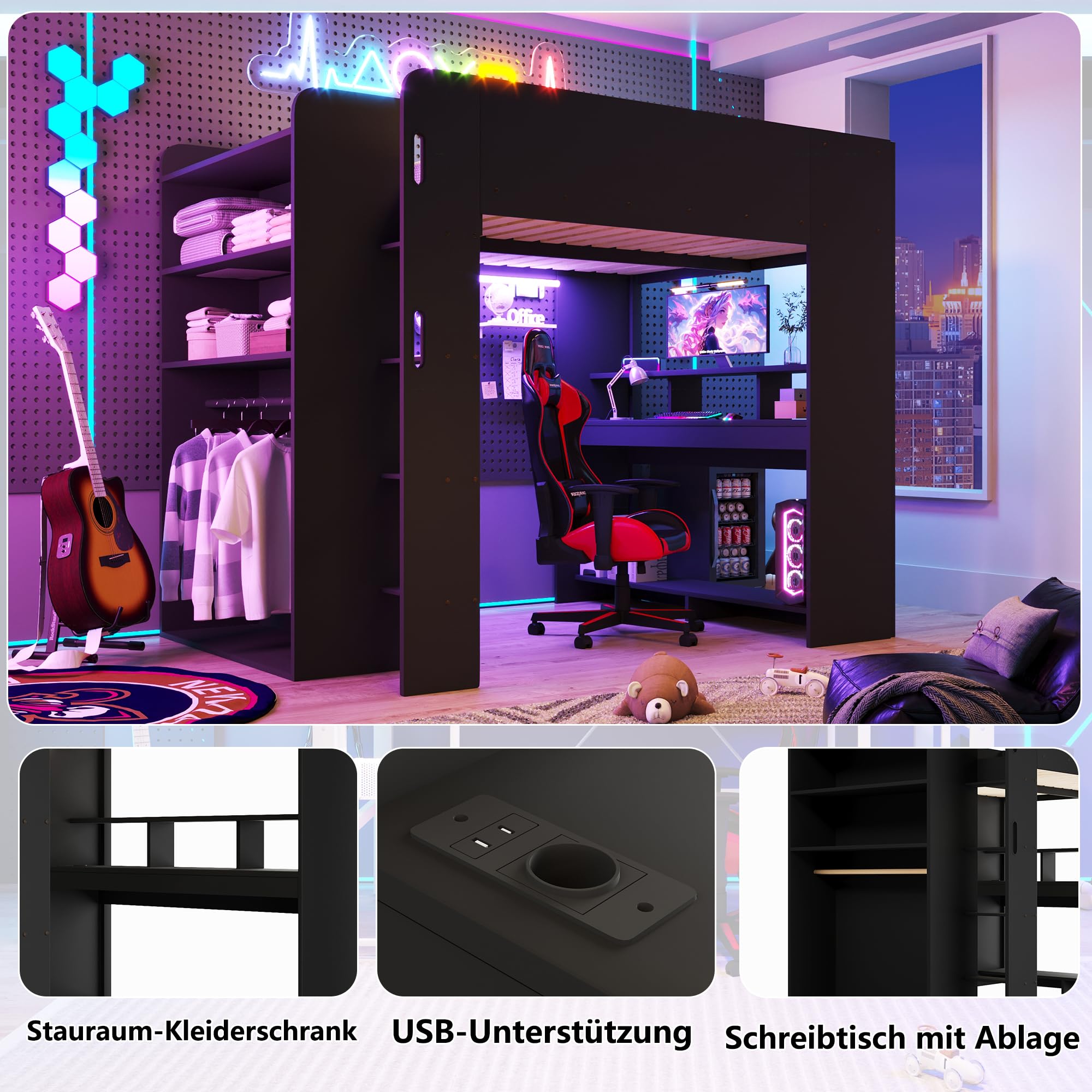 Letto a soppalco da gaming in legno, 140 x 200 cm, con scrivania, guardaroba, vano portaoggetti a più livelli, nero