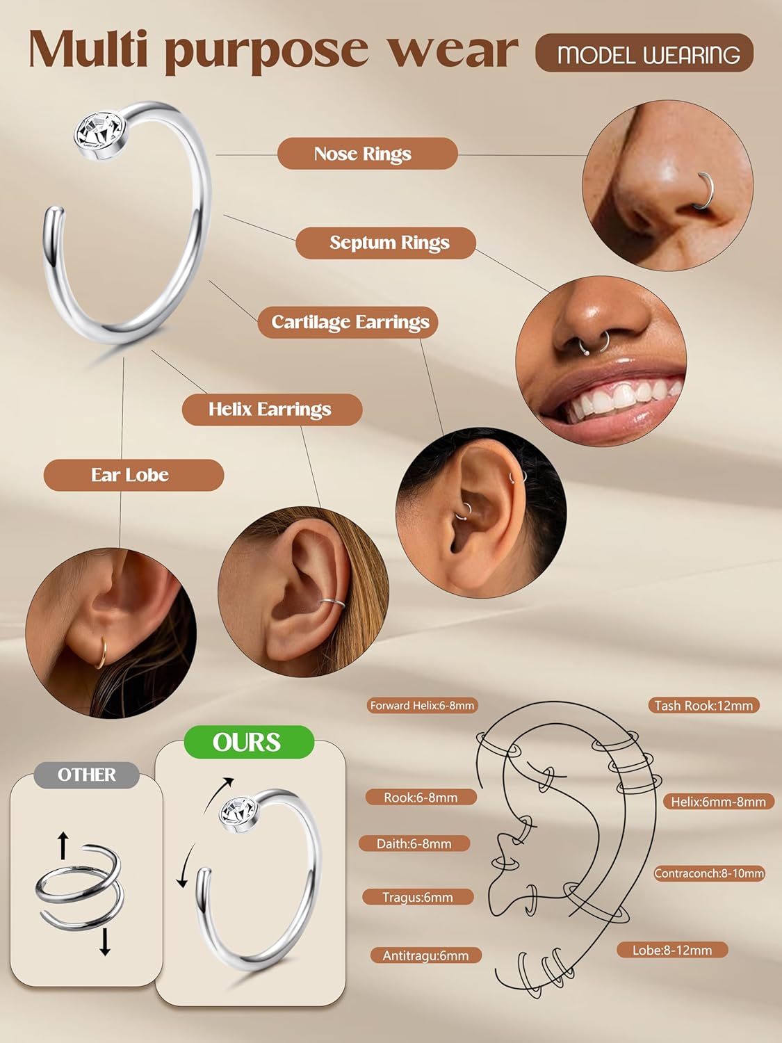 ORAZIO 5-12Pcs 20G Stainless Steel Nose Ring Hoop CZ Body Ear Piercing 5 Mixed Colors - Image 5